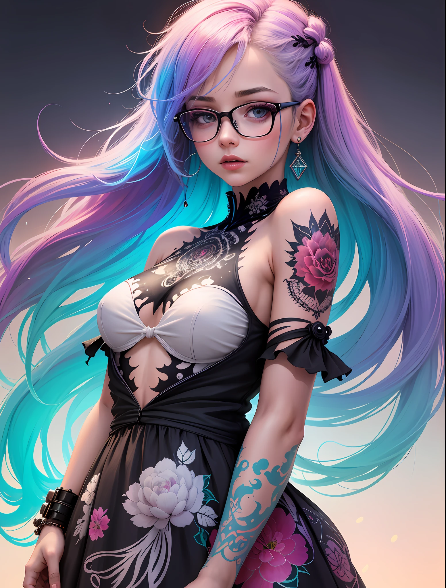a painting by of a woman by agnes cecile, luminous design, pastel colours, ink drips, autumn lights clonion, 1girl, solo, upper_body, full_body, a girl in white shirt, look at viewer, detailed eyes, earrings, tattoo, tinted_eyewear, looking_over_eyewear, glasses, (paint splash), flat_color, high_contrast, beautiful girl in a colourful dress with colourful intricate tattoos surrounded by colourful patterns,(Luminous burning hair:1.2),  realistic fantasy, extremely detailed and beautiful , 8 k resolution,