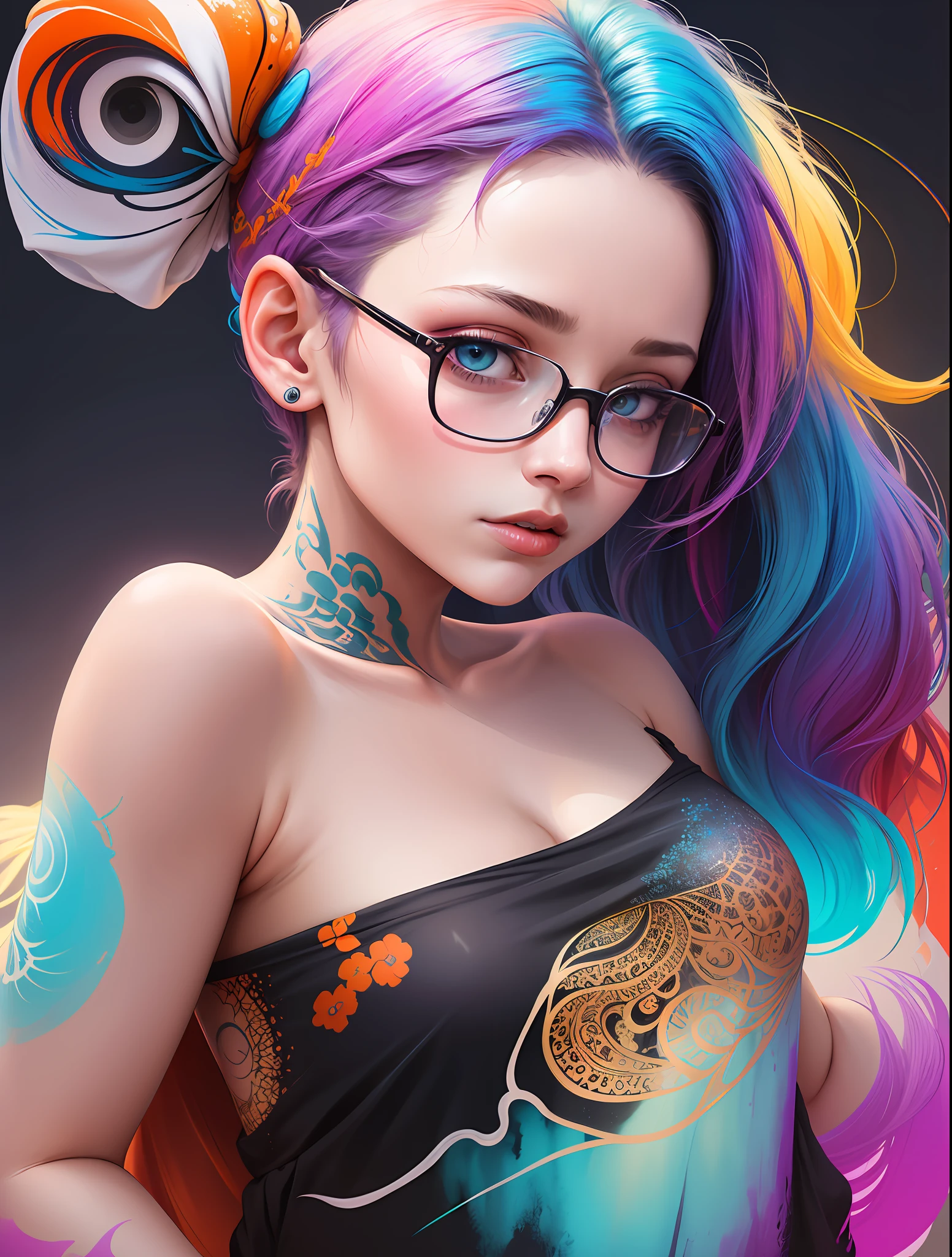 a painting by of a woman by agnes cecile, luminous design, pastel colours, ink drips, autumn lights clonion, 1girl, solo, upper_body, full_body, a girl in white shirt, look at viewer, detailed eyes, earrings, tattoo, tinted_eyewear, looking_over_eyewear, glasses, (paint splash), flat_color, high_contrast, beautiful girl in a colourful dress with colourful intricate tattoos surrounded by colourful patterns,(Luminous burning hair:1.2), realistic fantasy, extremely detailed and beautiful , 8 k resolution,