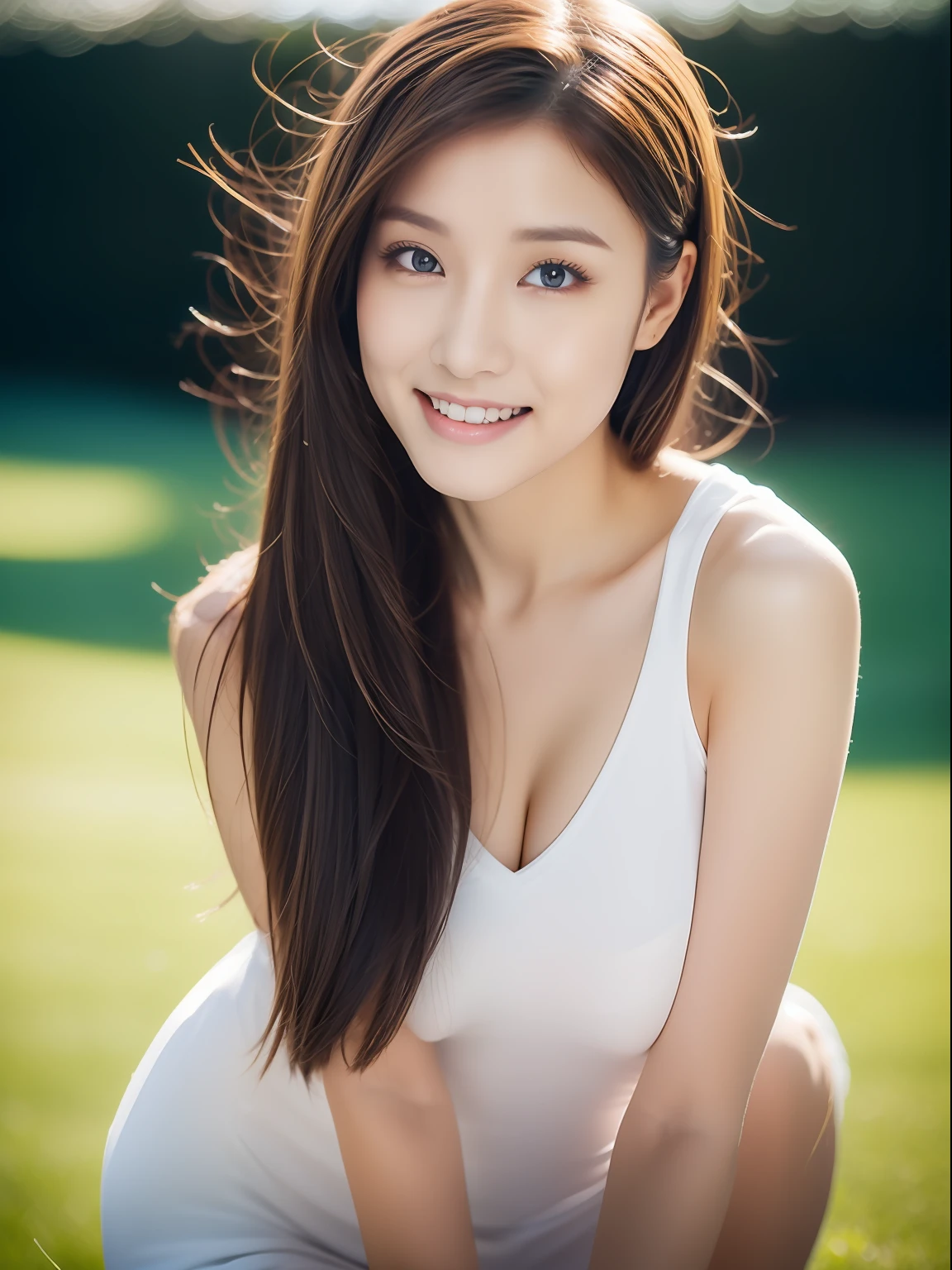 （1girll:1.0），(8K, Best quality, tmasterpiece),ultra - detailed, adolable, 独奏, cute Japan woman,brown  hair,By bangs, long whitr hair, pony tails,Beautiful and delicate eyes,Eyes speak， Moisturizes skin，protrusions，dynamicposes，protrusions，Squat，，profesional lighting，photon maping，Radio City，physically-based renderingt，cinmatic lighting，Athletics field,depth of fields,Clear focus,rays of sunshine,well-composed,(Bokeh:1.2) ，(full bodyesbian),(Keep your mouth shut),美丽细致的眼睛,lewd poses,a narrow waist,Brownish-yellow hair，messy  hair,Long hair flutters in the wind，