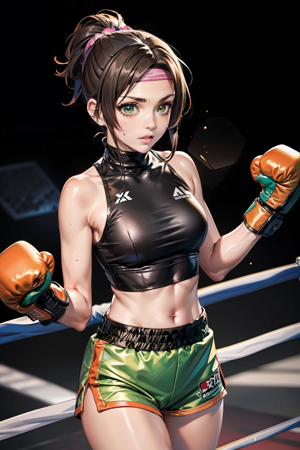 (masutepiece, 8K,Very detailed),1girl in,head band, navel, Sleeveless, high-necked, Brown eyes, sleeveless turtleneck, Breasts, mitts, croptop, Shorts,, Armor, Open jacket，Headband exercise，Medium-sized chest Fingerless gloves,  Medium breasts, Dynamic Angle，Minor abs，，The light is dim，Surreal graphics，red colour，amarelo，orange colors，green color，blue colors，blue green，purpleish color，in pink，Kickboxing gloves，Wearing sweat，Boxing ring，Boxing ring，gym room，fist training，Arms raised，Clench your hands into fists，Fighting posture