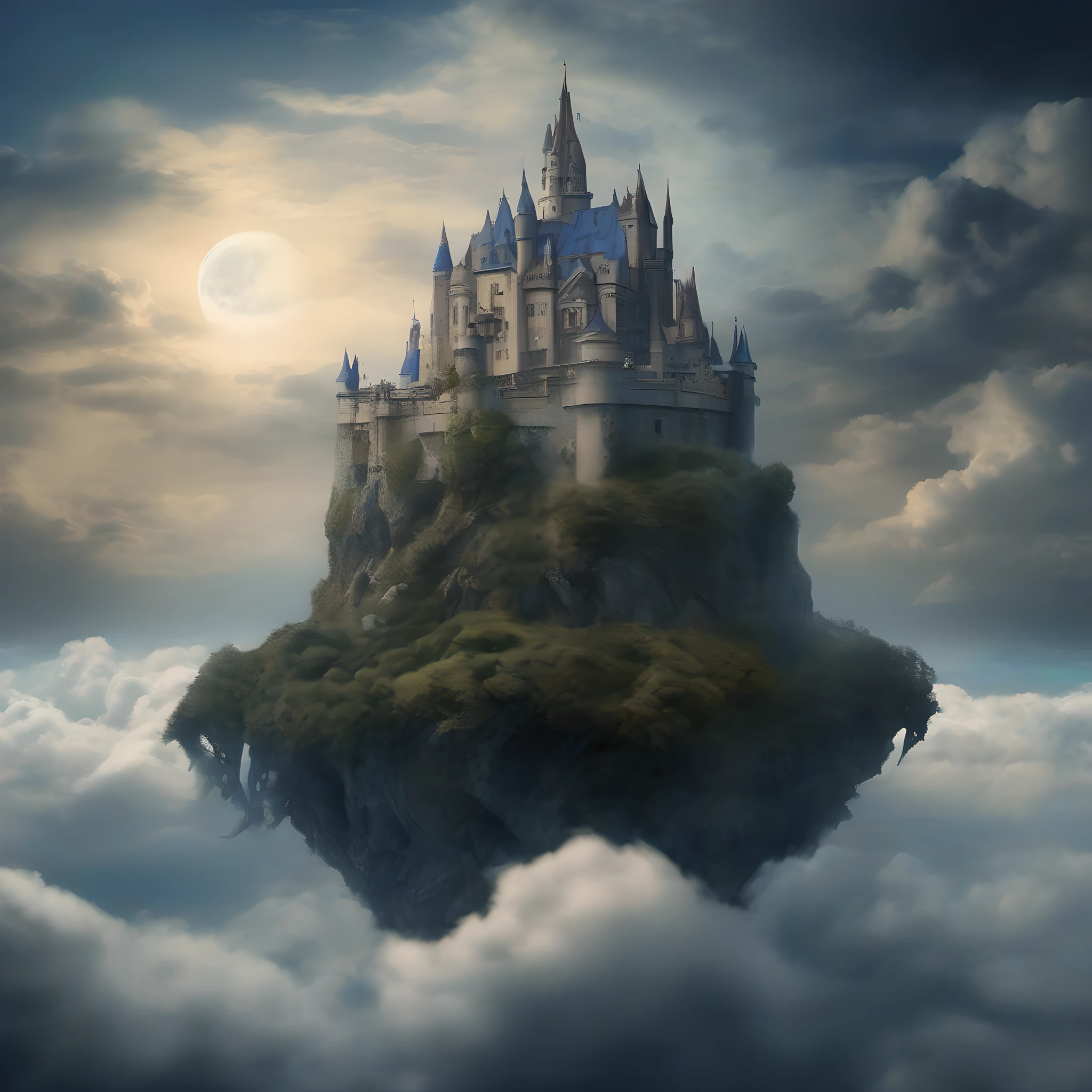 Crea un hiperrealista, High-resolution image of a soft earth elemental lurking in an enchanted castle floating above the clouds . The style should be reminiscent of classic fairytale illustrations with deep blues and blacks with contrasting moonlight.... . Use a standard lens to capture the image, style of Brian Mashburn --estilo raw