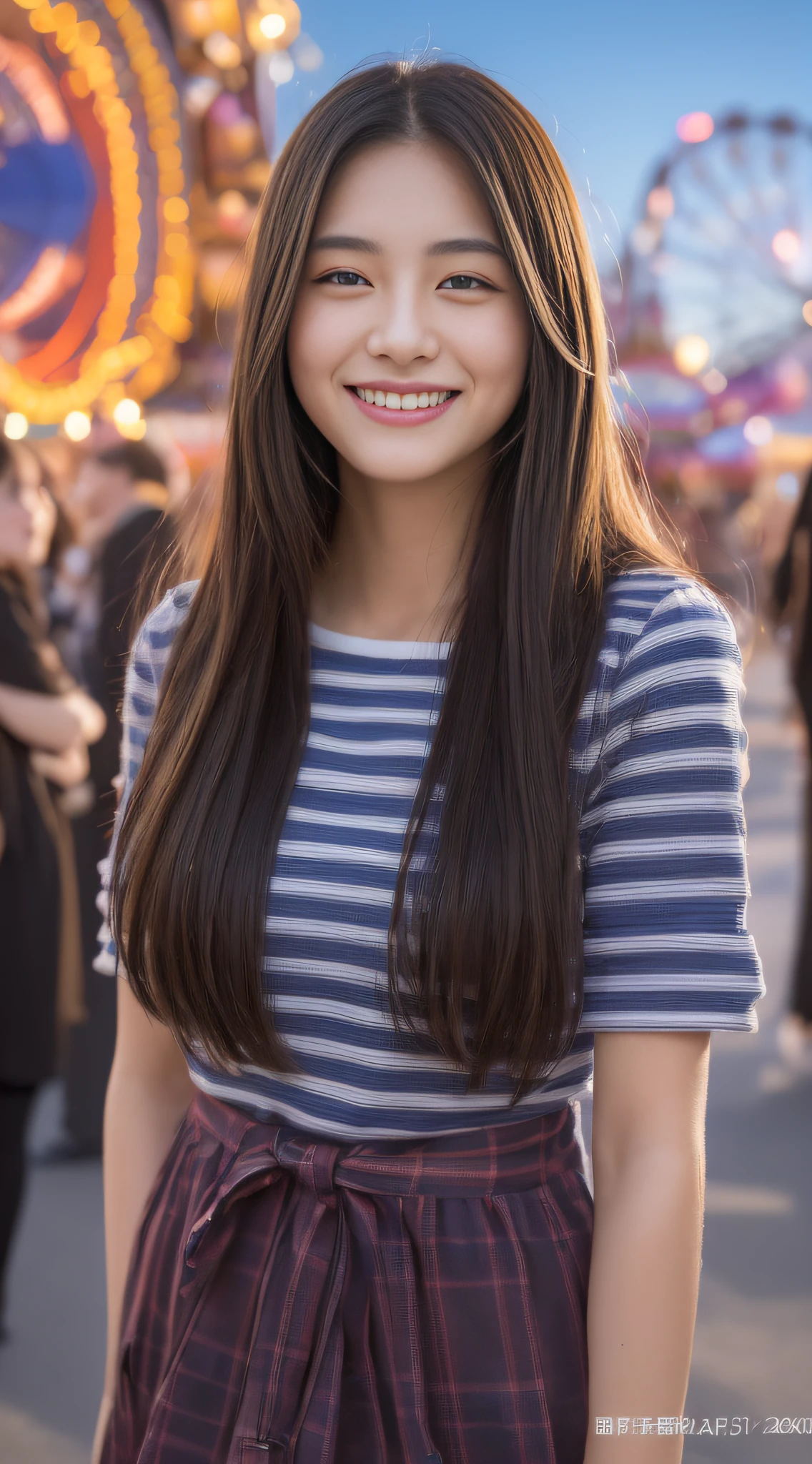 ((top-quality、8K、masterpiece:1.3))、sharp:1.2、Perfect Body Beauty:1.4、Slim abs:1.2、Big、Beautiful face、A smile、((Female college student:1.3))、(Amusement Park Background:1.2)、Straight hair、Highly detailed facial and skin texture、A detailed eye、Aspect of looking at the camera、portlate