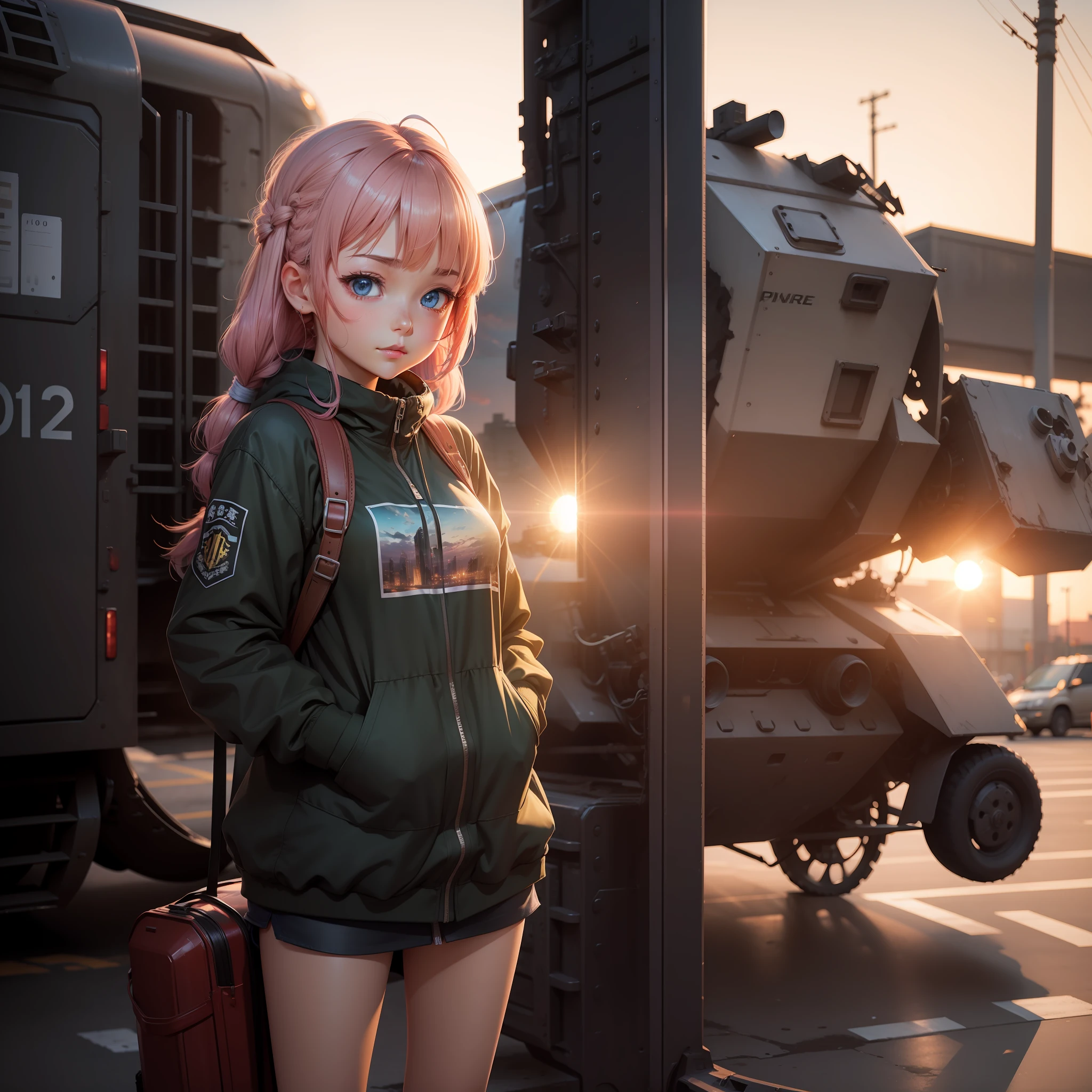 Cute anime girl standing next to damaged armored car sunset blurred foreground