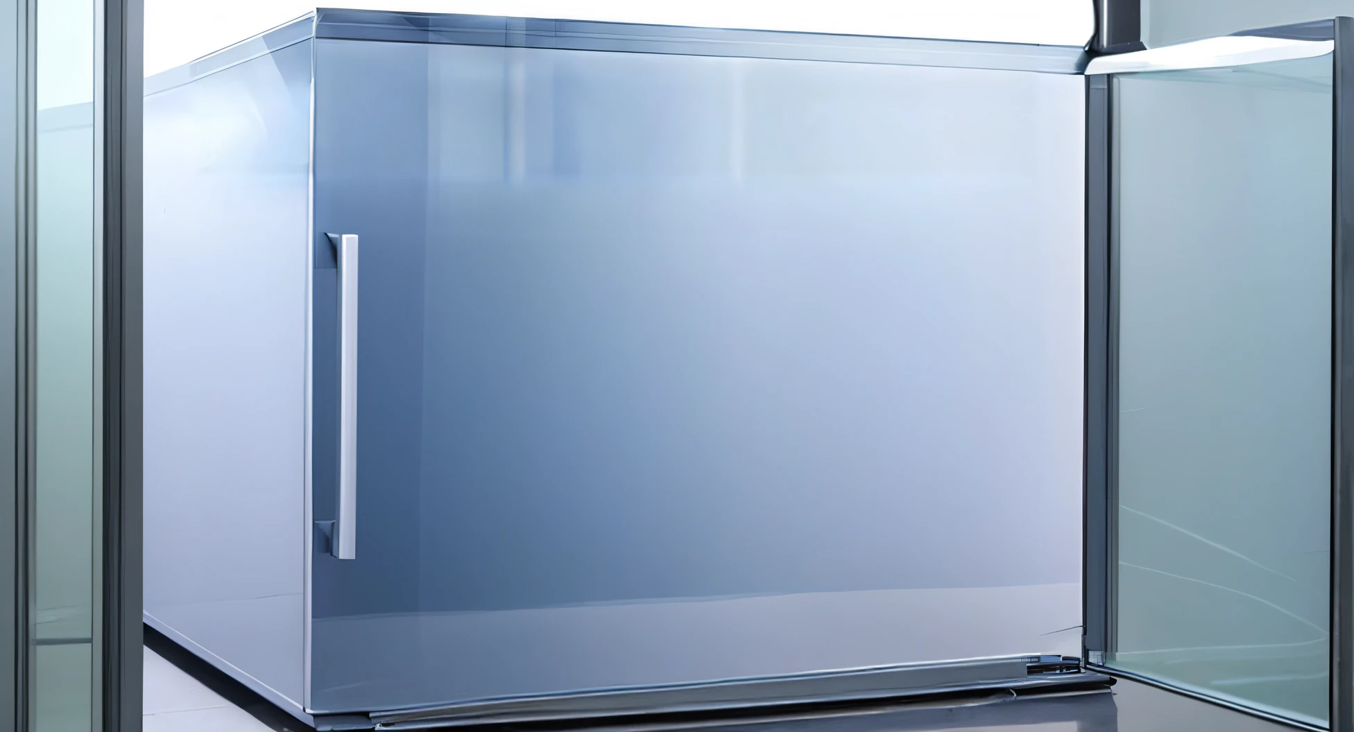 There was a big white fridge with glass doors, Clear edges, smooth transparent visor, profile close-up view, crisp smooth clean lines, transparent glass surfaces, Enduring, very clear picture, Frosted glass, opaque glass, blue gray, translucent pastel panels, Vistas, Glossy surface, ultra clear material, Shot on 70mm, Shot at 7 0 mm