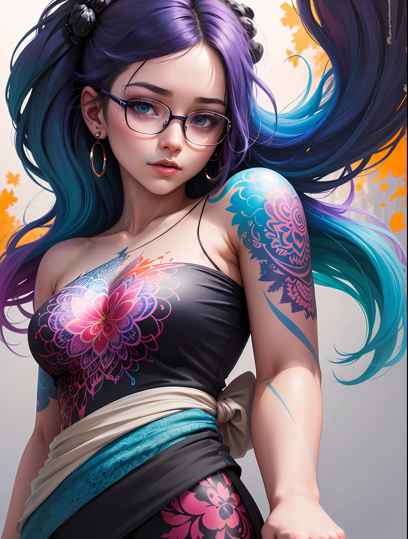 a painting by of a woman by agnes cecile, luminous design, pastel colours, ink drips, autumn lights clonion, 1girl, solo, upper_body, full_body, a girl in white shirt, look at viewer, detailed eyes, earrings, tattoo, tinted_eyewear, looking_over_eyewear, glasses, (paint splash), flat_color, high_contrast, beautiful girl in a colourful dress with colourful intricate tattoos surrounded by colourful patterns,(Luminous burning hair:1.2), realistic fantasy, extremely detailed and beautiful , 8 k resolution,