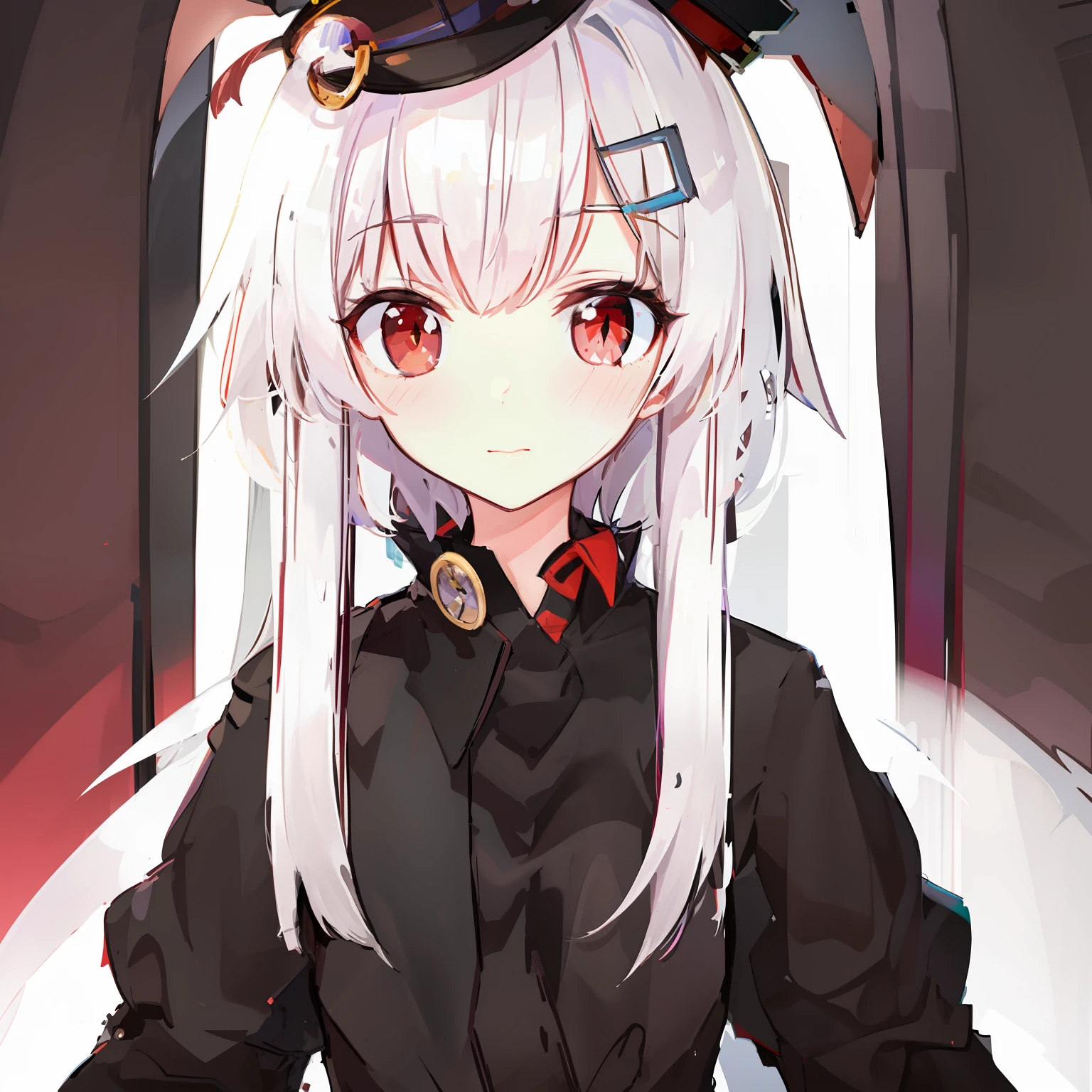 White hair, different pupils, wearing black wide-brimmed top hat, wearing a suit, woman