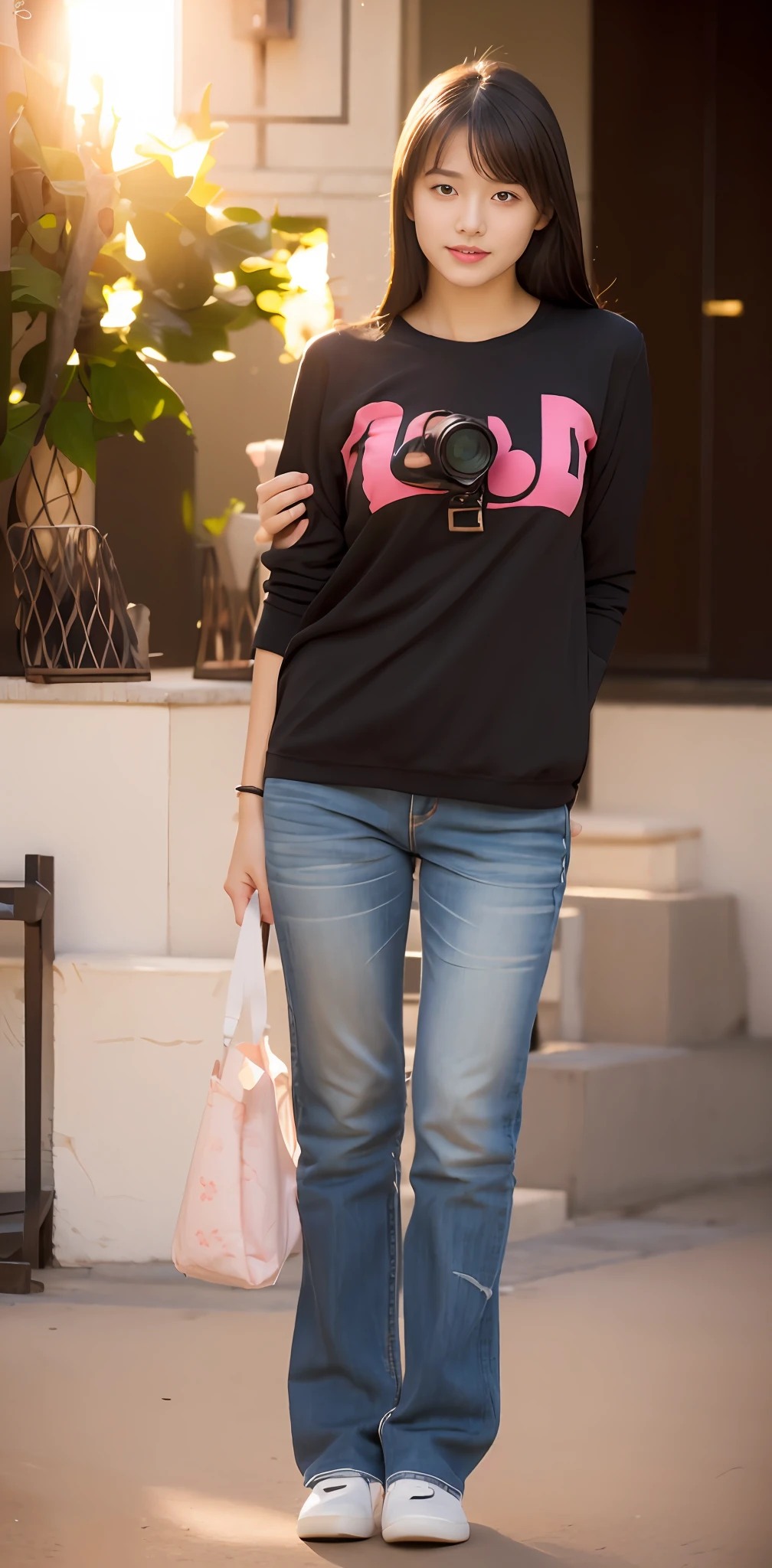 1 beautiful woman taking pictures on the grass of the villa,RAW photos,tmasterpiece,(highdetailskin:1.2),8k ultra high definition,digital SLR camera,gentlesoftlighting,high high quality,filmgrain,富士XT3,20 years old Asian woman,Wear simple clothes,T-shirt and skinny jeans,Detailed clothing details:1.3,perfect body figure,Perfect breasts and nipple bulge,The legs are straight and slender,Branded stylish shoes:0.6,Super detailed facial details and skin,Fair pink face and skin,The skin is pink,with light glowing,二重まぶた,Super detailed eyes,(Gloss on lips, eyeslashes, Glossy face, Best quality, Super high resolution, warm color,Wide lighting, naturalshadow), Sexy, Full body shooting: 1.8