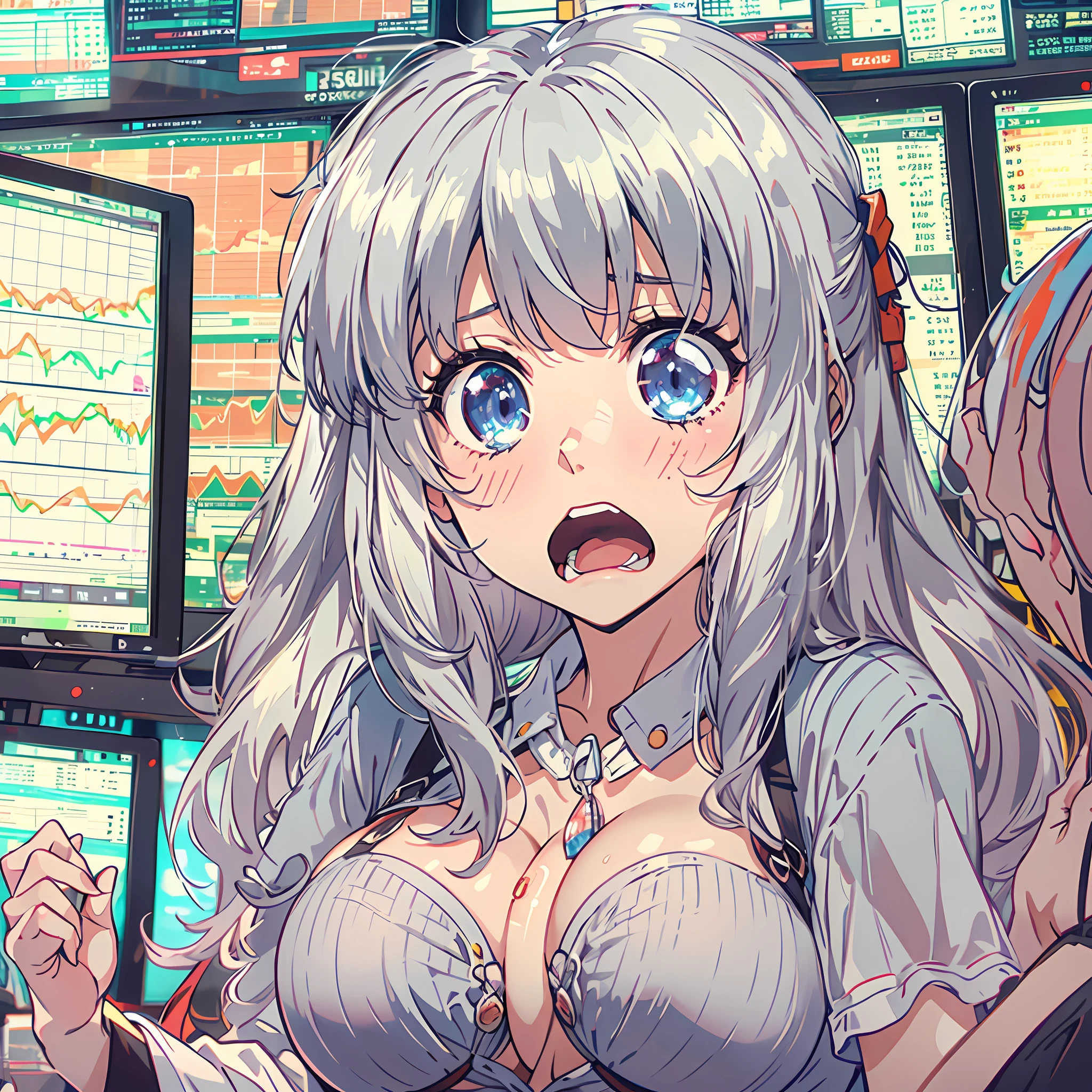 anime waifu with huge tits watching as the stock market crashes, (shocked face:1.4), (mature face:1.4)