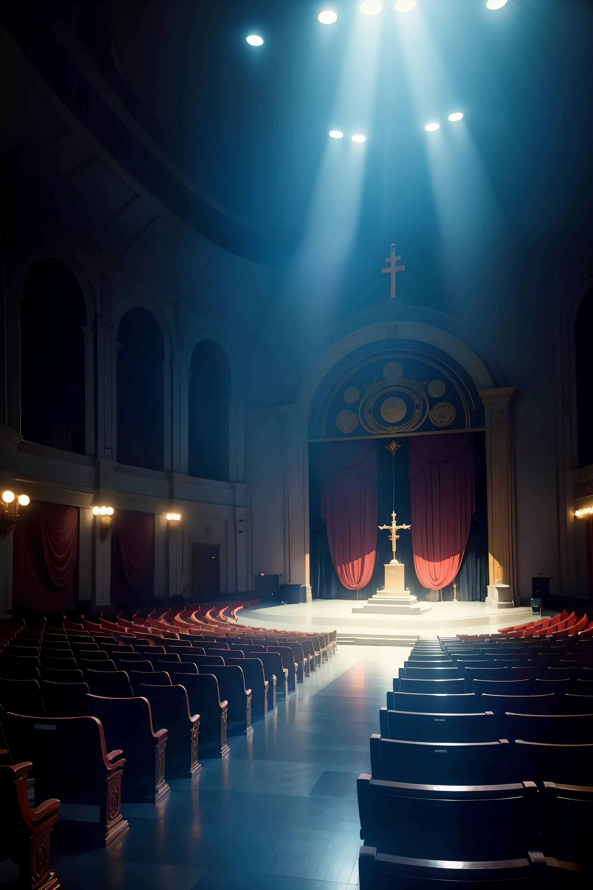 Inside the theater,first person,Mythical,The atmosphere is like a dream,There is a lot of spectators,There is a huge mystery on stage、Holy sculpture,It is partially shadowed