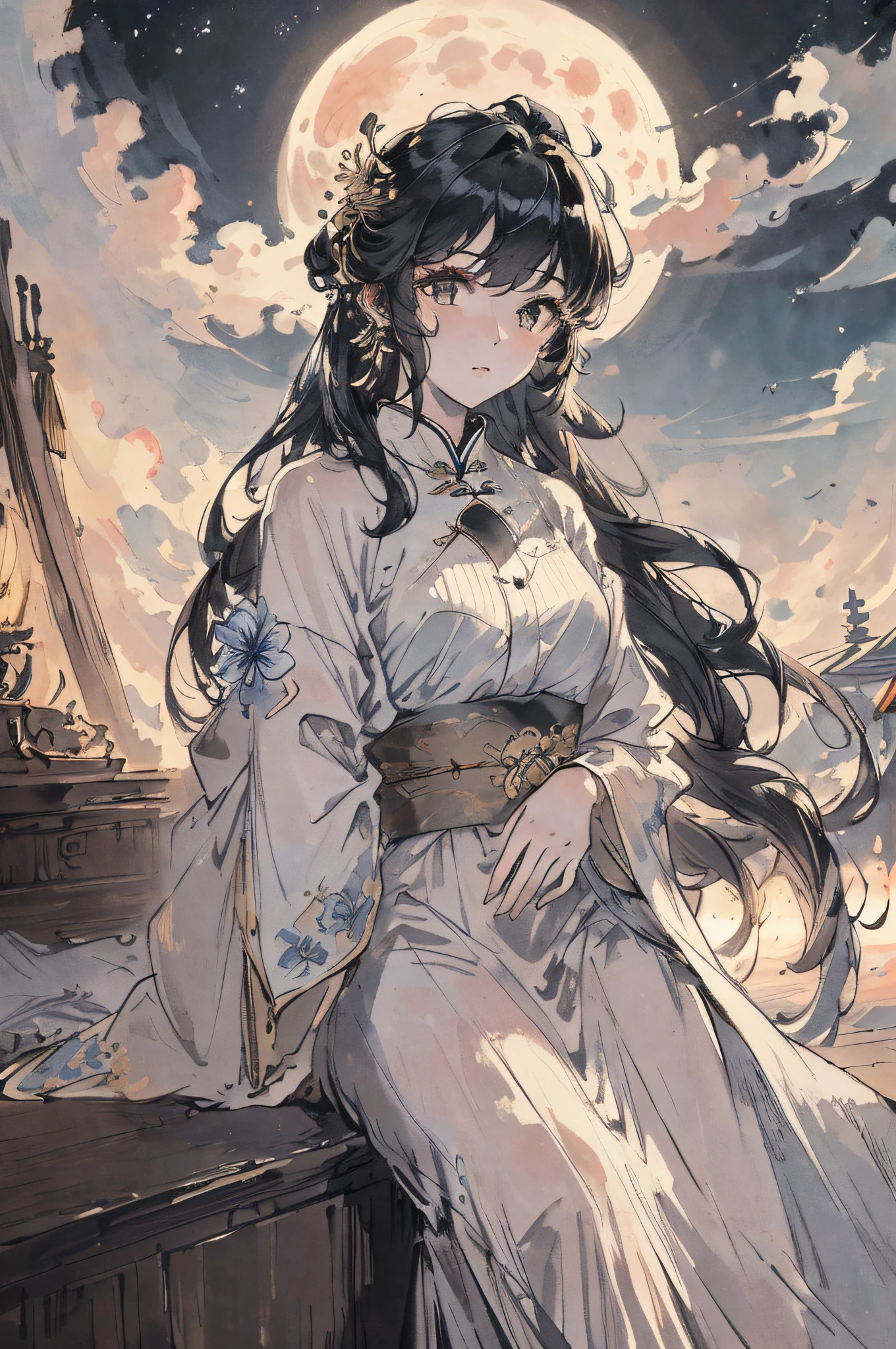 Masterpiece, Best quality, ultra - detailed,nighttime scene, Clouds, full moon, 4K,1girll,独奏,Delicate face,real looking skin,glowworm,long whitr hair,