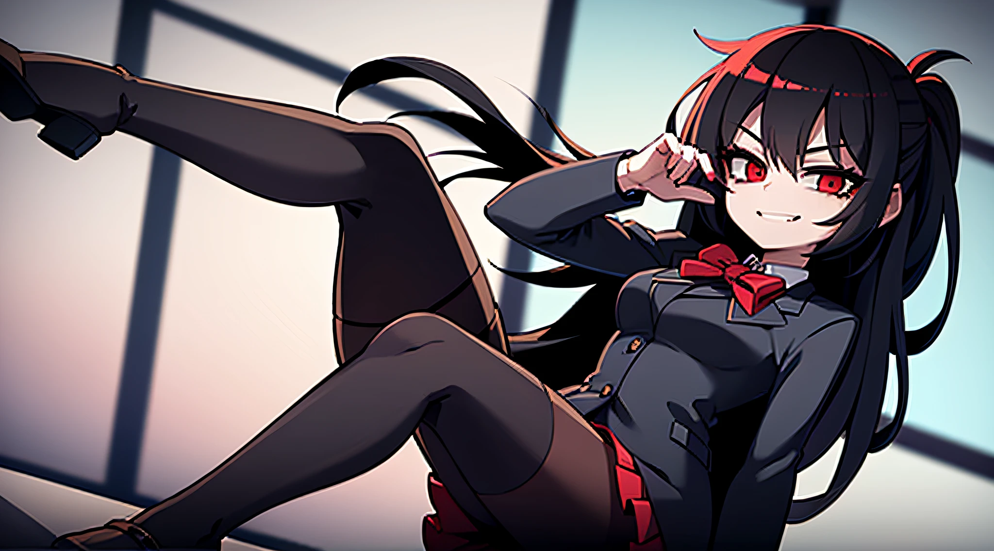1girl, long hair, red bow, black skirt, red eyes, black pantyhose, looking at viewer, bracelet, gradient hair, evil smile, sitting, solo, window, coat, black coat, black hair,