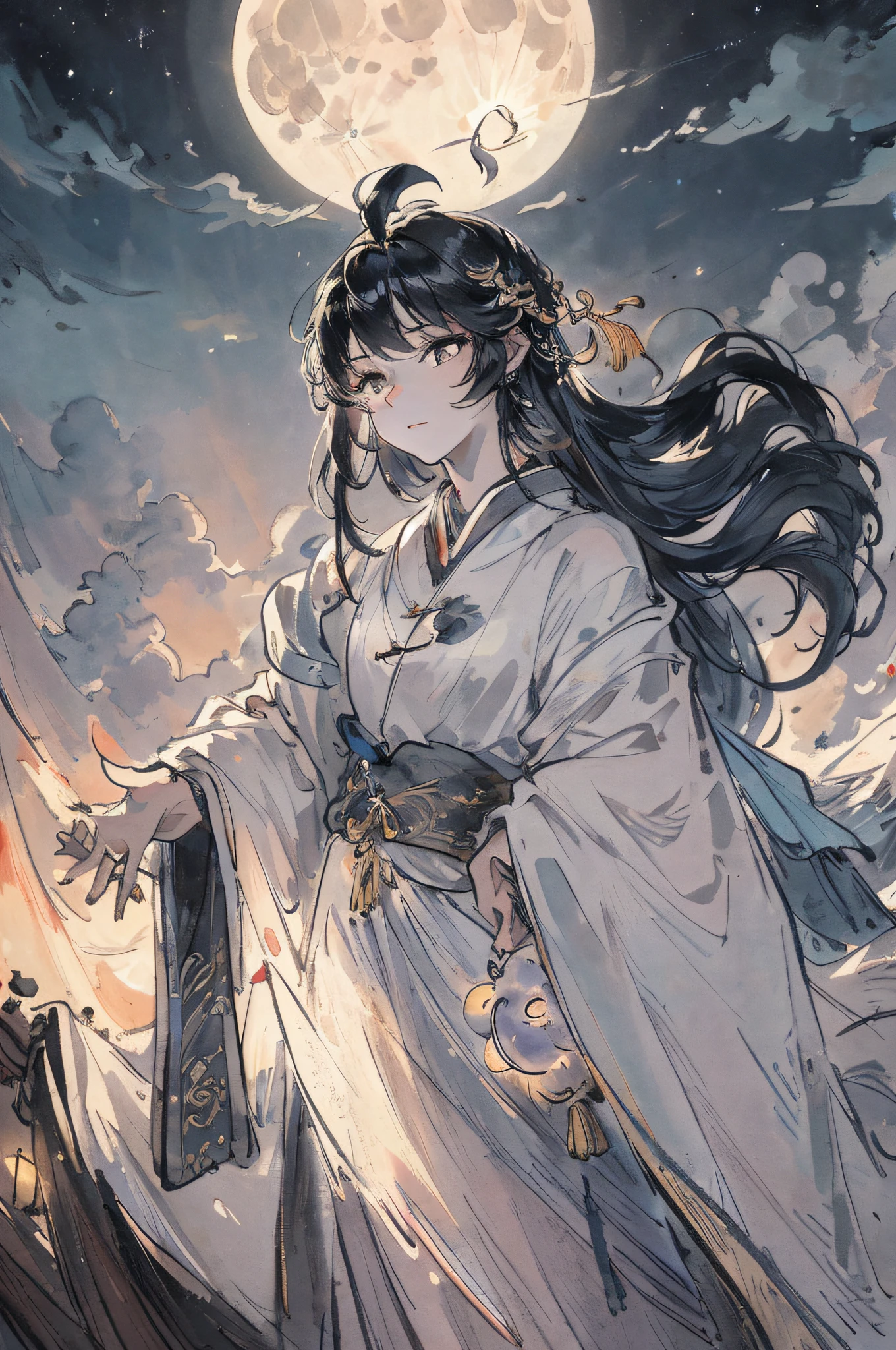 Masterpiece, Best quality, ultra - detailed，nighttime scene, Clouds, full moon,  4K,1girll，独奏，Delicate face，real looking skin，glowworm，long whitr hair,