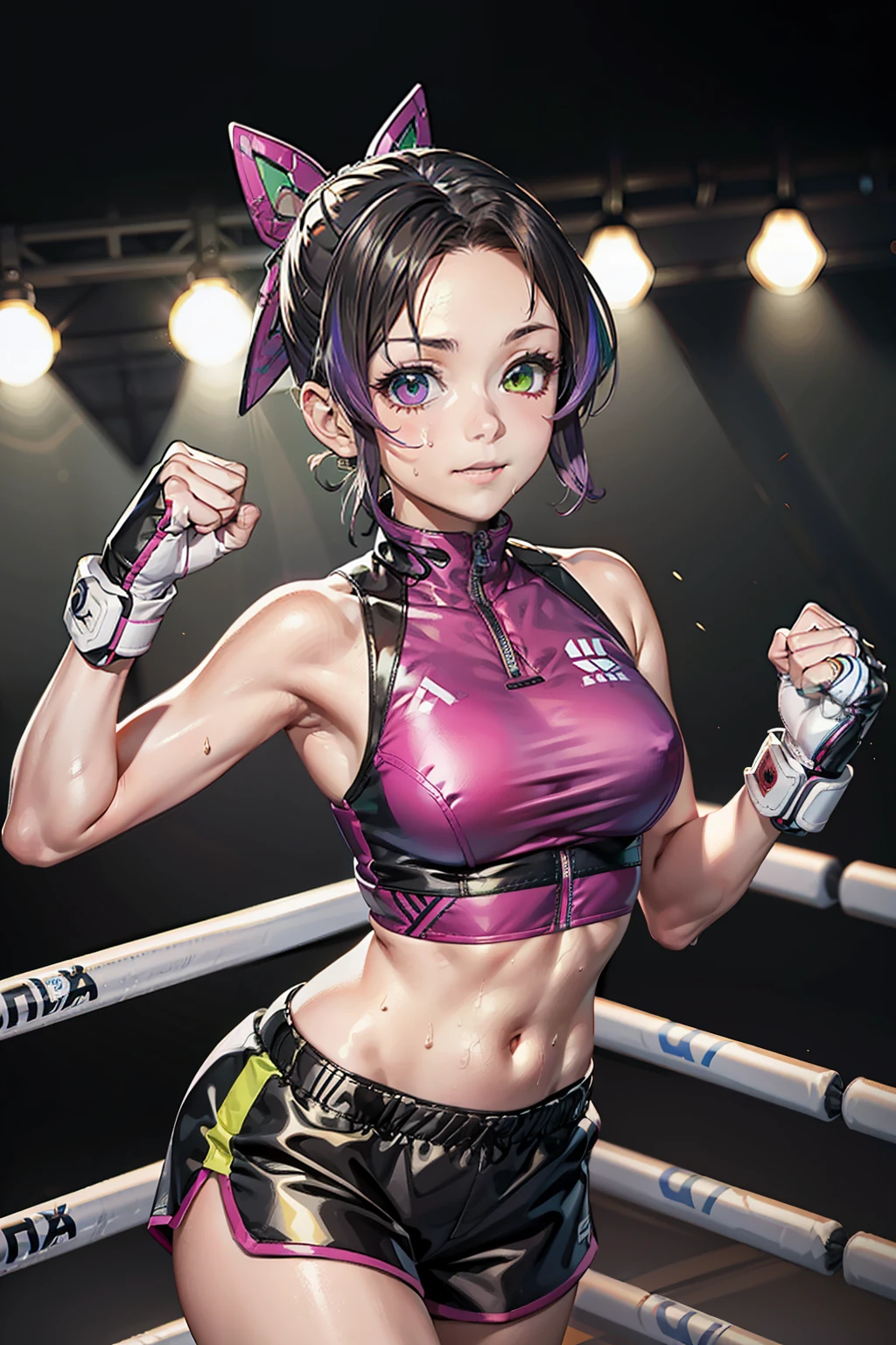 (masutepiece, 8K,Very detailed),1girl in,head band, navel, Sleeveless, high-necked, Brown eyes, sleeveless turtleneck, Breasts, mitts, croptop, Shorts,, Armor, Open jacket，Headband exercise，Medium-sized chest Fingerless gloves,  Medium breasts, Dynamic Angle，Minor abs，，The light is dim，Surreal graphics，red colour，amarelo，Orange colors，green color，blue colors，blue green，purpleish color，In pink，Taekwondo gloves，Wearing sweat，Boxing ring，Boxing ring，gym room，fist training，Arms raised，Clench your hands into fists，Fighting posture