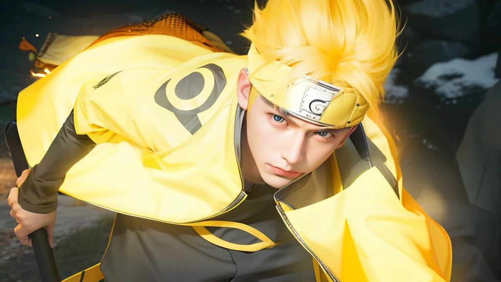 Best quality, ultra high resolution, ultra-detailed,realistic,yellow hair,18 years old,boy,Naruto Headband,