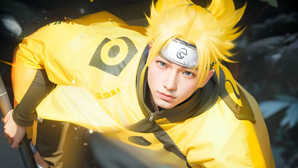 Best quality, ultra high resolution, ultra-detailed,realistic,yellow hair,18 years old,boy,Naruto Headband,