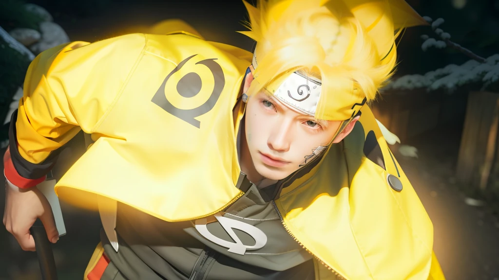 Best quality, ultra high resolution, ultra-detailed,realistic,yellow hair,18 years old,boy,Naruto Headband,