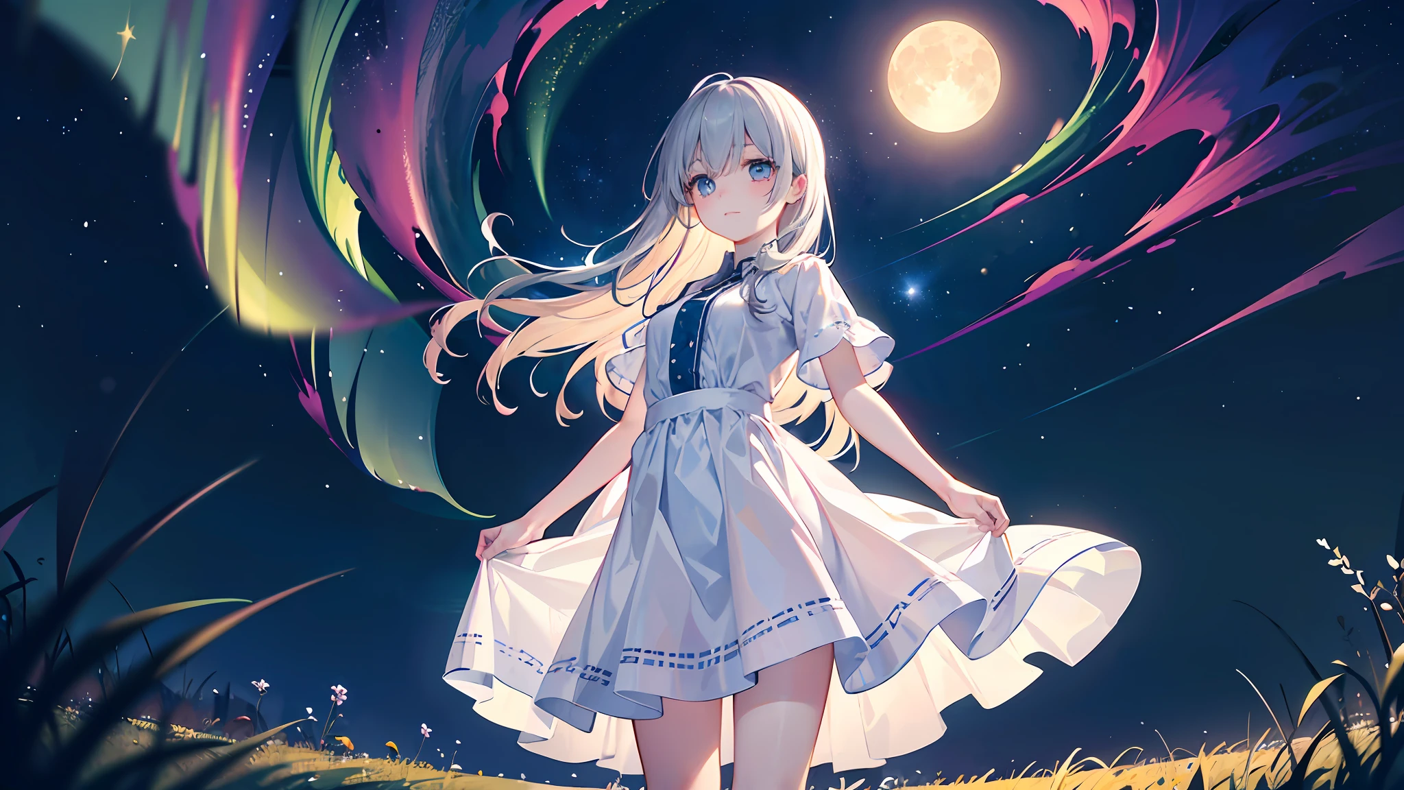 (Masterpiece, top quality, super detailed CG, ultra detailed beautiful face and eyes, super detailed, intricate details:1.2), 8k wallpapers, elaborate features,
(1 person, solo:1.4)perfect cartoon illustration,(1 person, solo:1.4)
(realistic textures:0.8), high res, cute, (vivid colors, dynamic lighting:1.0), (high contrast:0.8),
Perfect animated illustration, one young woman standing in a vast meadow, pretty face, long glossy hair, white skin, wearing only one calf-length dress, blue phosphorescence surrounding her, meadow stretches far and wide before her eyes, the place is fantastic, the sky is dark, but the sky is bright with stars and a big aurora shining brightly, a gentle wind is blowing, the wind is blowing in the air. A vast meadow, the time is dark at night, but the stars and the big moon are shining brightly in the sky, a thin aurora is spreading in the distance, a gentle wind is blowing, wind-blown grass is flying in the air, there is no other person, her whole body is in the illustration.