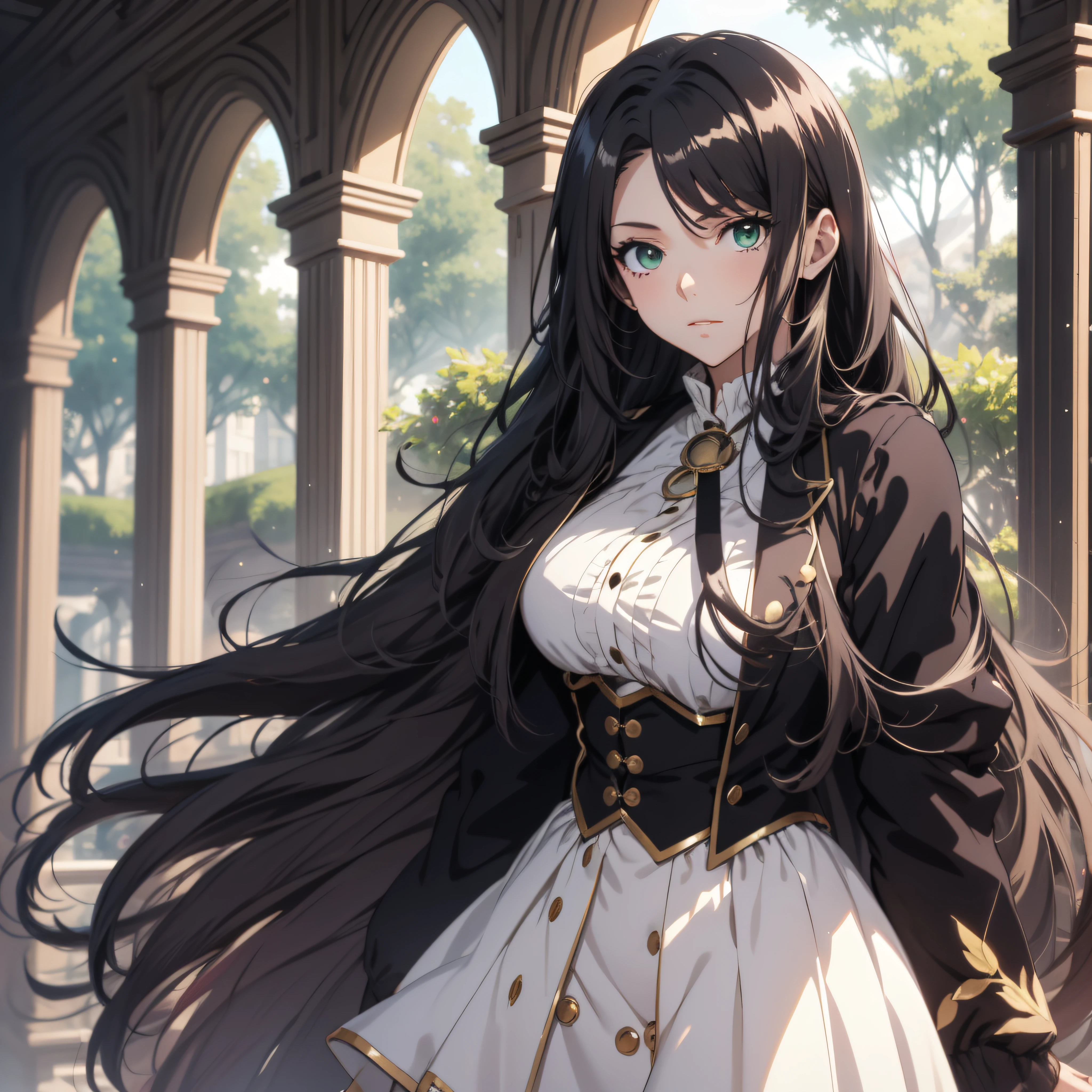 20 years old Anime girl, long raven hair, slightly wavy hair, parted bangs, Magus, green eyes, long black coat, white shirt, black skirt, aristocrat, noble attire, beautiful, ethereal, elegant, prestigious