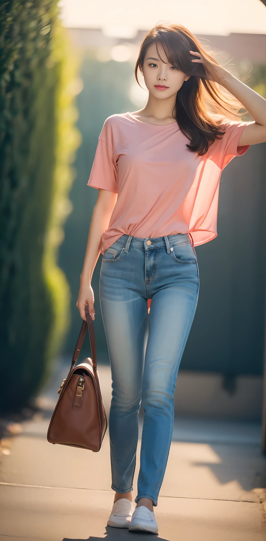 1 beautiful woman taking pictures on the grass of the villa，RAW photos，tmasterpiece，（highdetailskin：1.2），8k ultra high definition，digital SLR camera，gentlesoftlighting，high high quality，filmgrain，富士XT3，20 years old Asian woman，Wear simple clothes，T-shirt and skinny jeans，Detailed clothing details:1.3，perfect body figure，Perfect breasts and nipple bulge，The legs are straight and slender，Branded stylish shoes:0.6，Super detailed facial details and skin，Fair pink face and skin，The skin is pink，with light glowing，二重まぶた，Super detailed eyes，(Gloss on lips, eyeslashes, Glossy face, Best quality, Super high resolution, warm color，Wide lighting, naturalshadow), Sexy, Full body shooting: 1.8