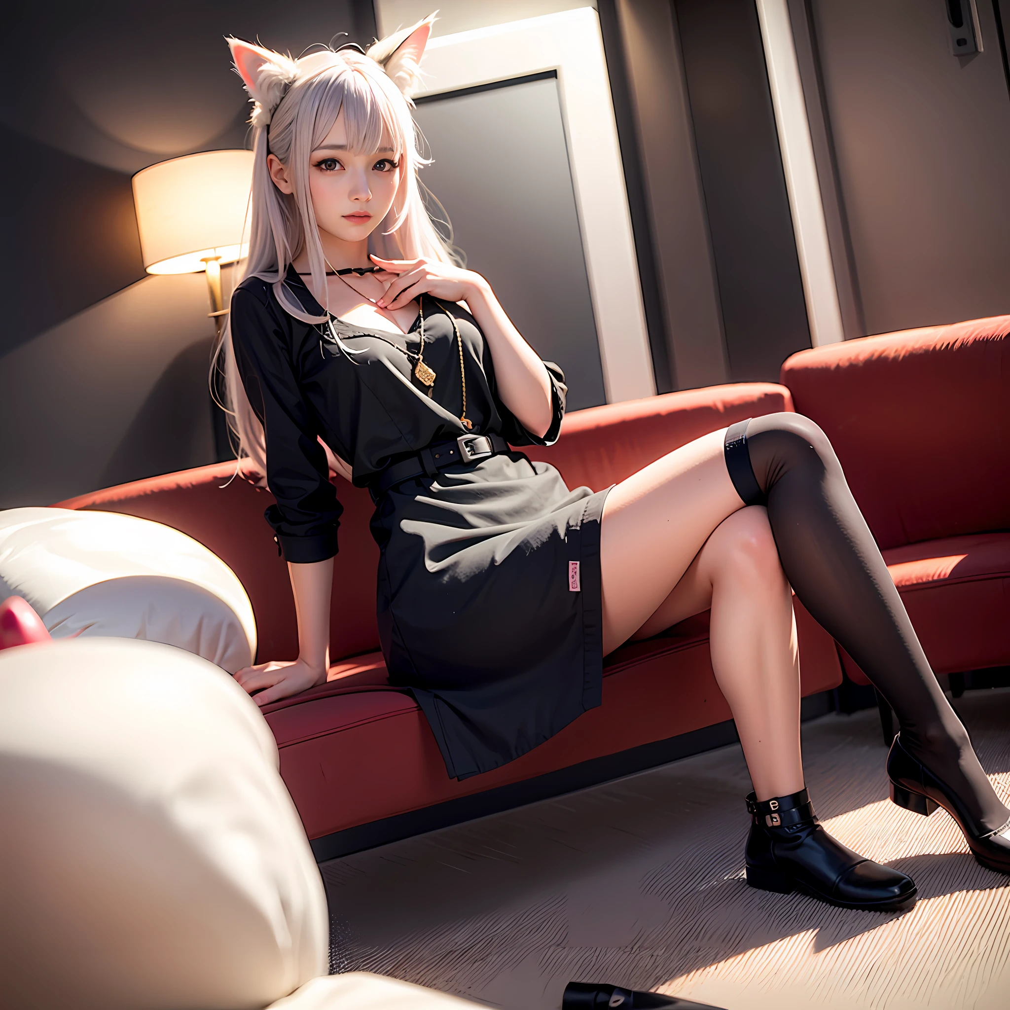 Anime girl sitting on sofa，Legs crossed, Cat girl, Guweiz on ArtStation Pixiv, beautiful anime catgirl, White-haired fox, cat ears girl,  trending on artstation pixiv，golden colored，red colour，in pink，black in color，white colors，purpleish color，