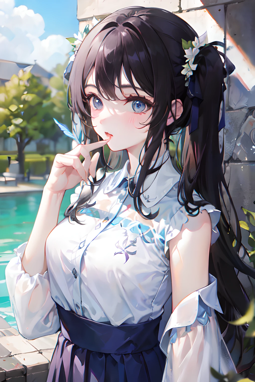 Anime girl with long black hair and blue eyes posing by a pool - SeaArt AI