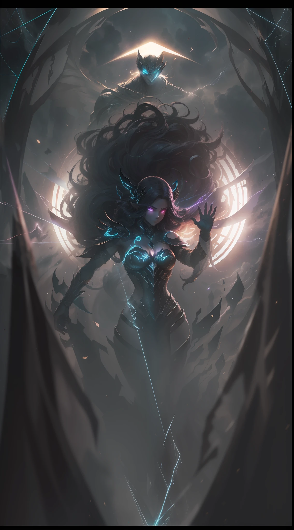 (Ultra resolution 8K), (impresionante obra maestra), Awesome Super Hero Illustration "Shadow ether": With an enigmatic presence, Shadow ether possesses a pale, translucent skin that appears to be made of dark smoke. Her hair flows in gloomy strands and her eyes shine with an ethereal glow... Viste un traje ajustado en tonos oscuros que se funden con las sombras, con detalles sutiles que recuerdan a constelaciones. Su capa ondulante parece estar hecha de oscuridad misma, y puede estirarse para ocultarlo o envolverlo en sombras protectoras. Has the ability to merge with shadows and move through them, Volverse virtualmente invisible. Your hands can project bursts of dark energy, And his suit is designed to channel and amplify his connection to the shadow realm.... (Hetera lighting), Spectral illumination), (dark ilumination)