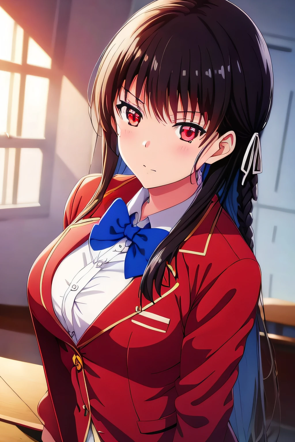 suzune \(classroom\), 1girl, solo, breasts, looking_at_viewer, bangs, shirt, long_sleeves, bow, ribbon, medium_breasts, closed_mouth, school_uniform, jacket, hair_ribbon, white_shirt, braid, collared_shirt, indoors, bowtie, dutch_angle, blue_bow, blazer, white_ribbon, red_jacket, blue_bowtie