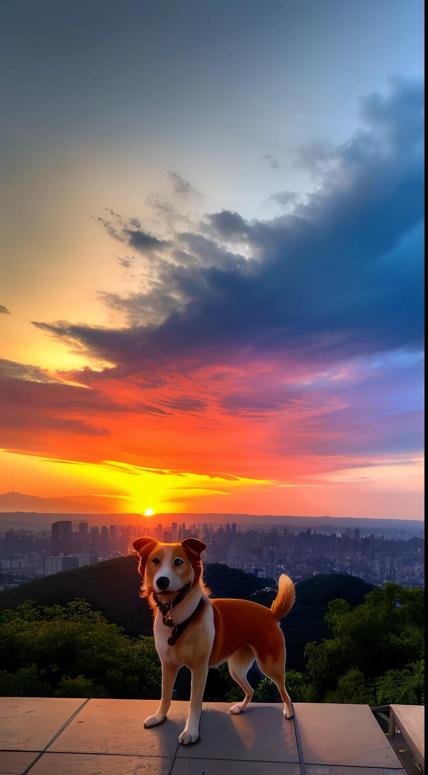 the setting sun,evening light,view from long distance,realisticlying,plethora of colors,Gorgeous and colorful,wide wide shot,Shoot at night,positive,natural style,hdr shot。doggy,a person