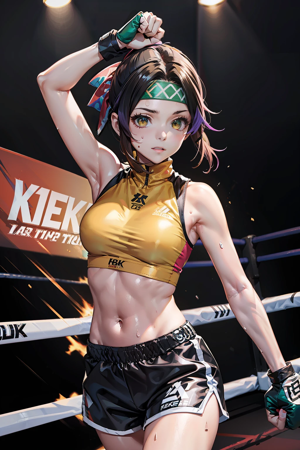 (masutepiece, 8K,Very detailed),1girl in,head band, navel, Sleeveless, high-necked, Brown eyes, sleeveless turtleneck, Breasts, mitts, croptop, Shorts,, Armor, Open jacket，Headband exercise，Medium-sized chest Fingerless gloves,  Medium breasts, Dynamic Angle，Minor abs，，The light is dim，Surreal graphics，red colour，amarelo，Orange colors，green color，blue colors，blue green，purpleish color，In pink，Taekwondo gloves，Wearing sweat，Boxing ring，gym room，Arms raised，Clench your hands into fists，Fighting posture