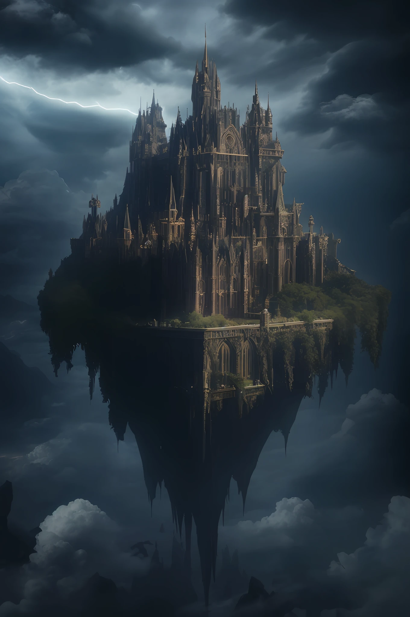 (a massive flying castle in the sky, built on a magical cloud, suspended in the air), (flying), gothic architecture, dark materials, imposing, magical, fantasy, stormy skies, thunder, lightning, hyperdetailed, intricate architecture, clean lines, volumetric lighting, octane render, uhd, 8k