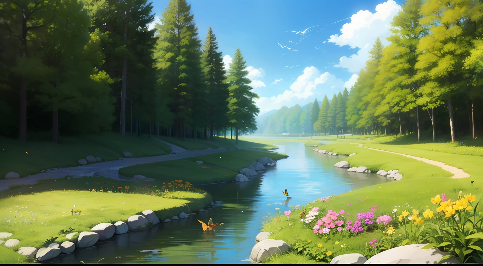 springtime,Vast wilderness,The blue sky is like a wash,and the sun was shining brightly,There is a sea of flowers everywhere,There is a trickle slowly flowing,There are butterflies、Bees and orioles、Skylarks and other birds fly。The proportion of streams in the picture must not be greater than 40 of the entire picture%。No characters may be displayed。The overall tone of the picture should not be too bright。