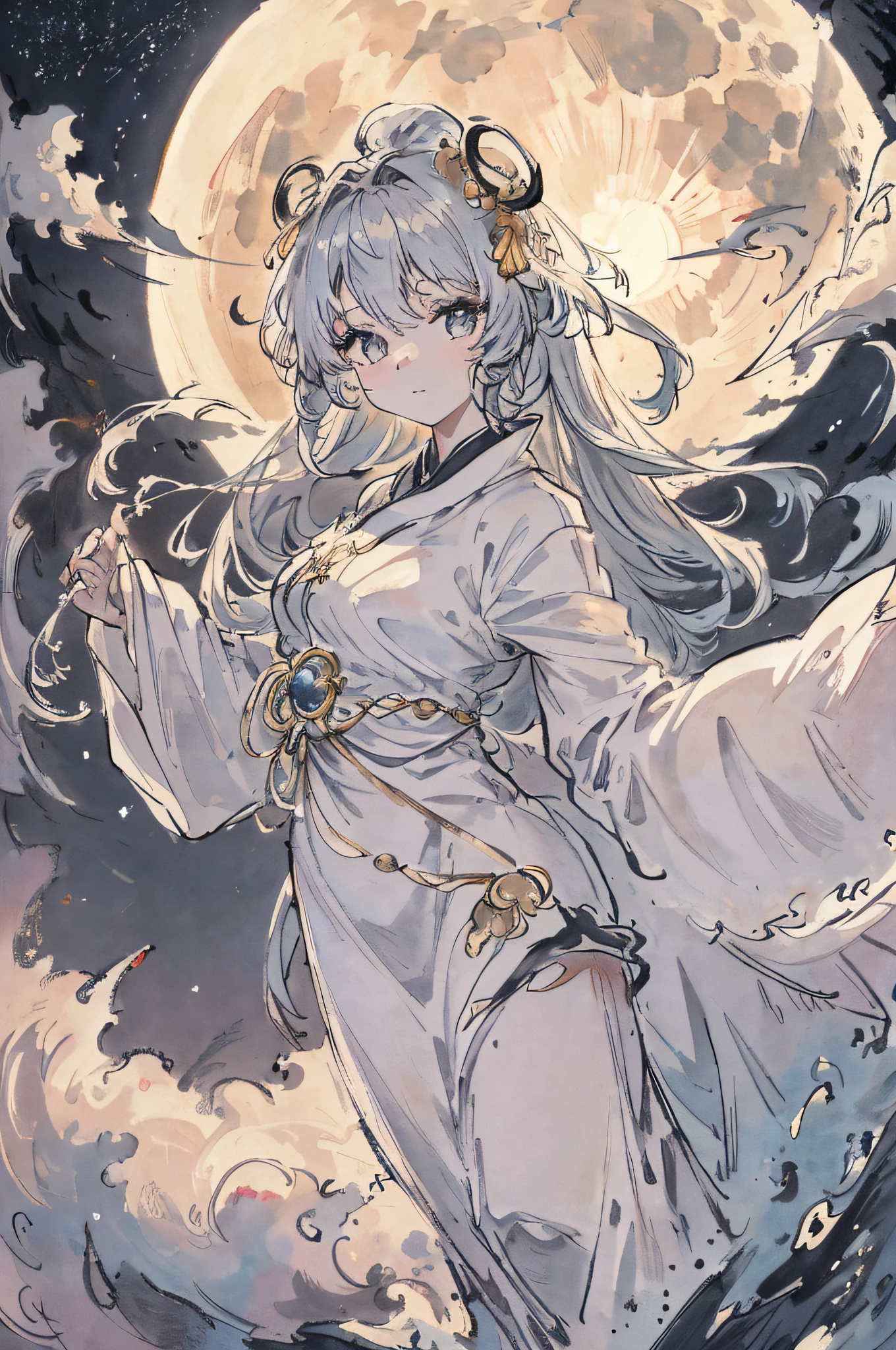 Masterpiece, Best quality, ultra - detailed，nighttime scene, ​​clouds, full moon, 4K,1girll，独奏，Delicate face，real looking skin，glowworm，long whitr hair