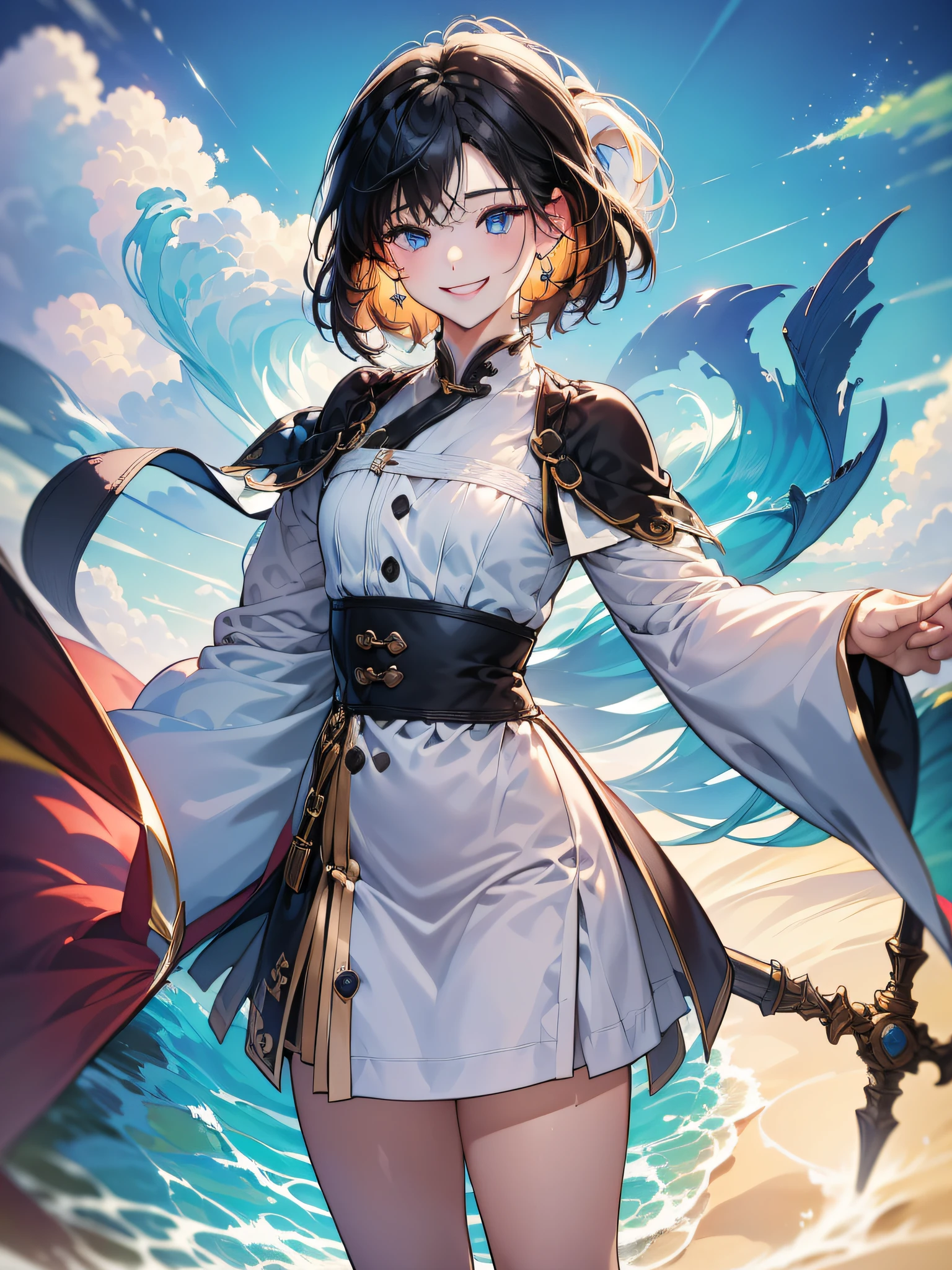 (in 8K、top-quality、masterpiece:1.2)、1人の女性、(Smiling smile:1.1)、beautidful eyes、Valley、The upper part of the body、length hair、Like a boy、poneyTail、red view、