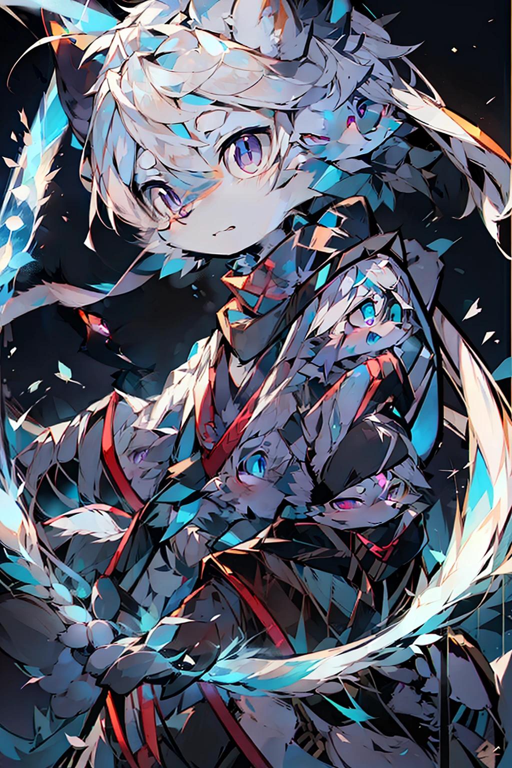 upper body, 1girl, white hair, ponytail, purple eyes, (ninja), short sword, medium breats ,scarf, wallpaper, magic circle background, light particles, blue fire,