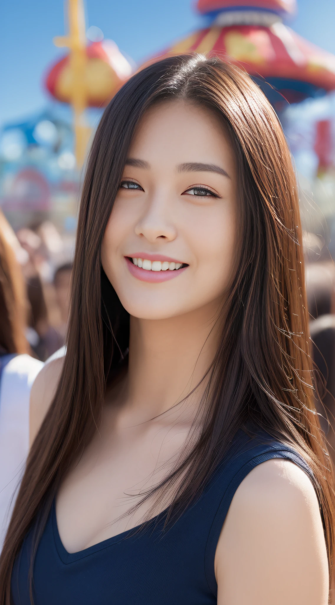 ((top-quality、8K、​masterpiece:1.3))、sharp:1.2、Perfect Body Beauty:1.4、Slim abs:1.2、Big、Beautiful face、A smile、((Female college student:1.3))、(Amusement Park Background:1.2)、Straight hair、Highly detailed facial and skin texture、A detailed eye、Aspect of looking at the camera、portlate