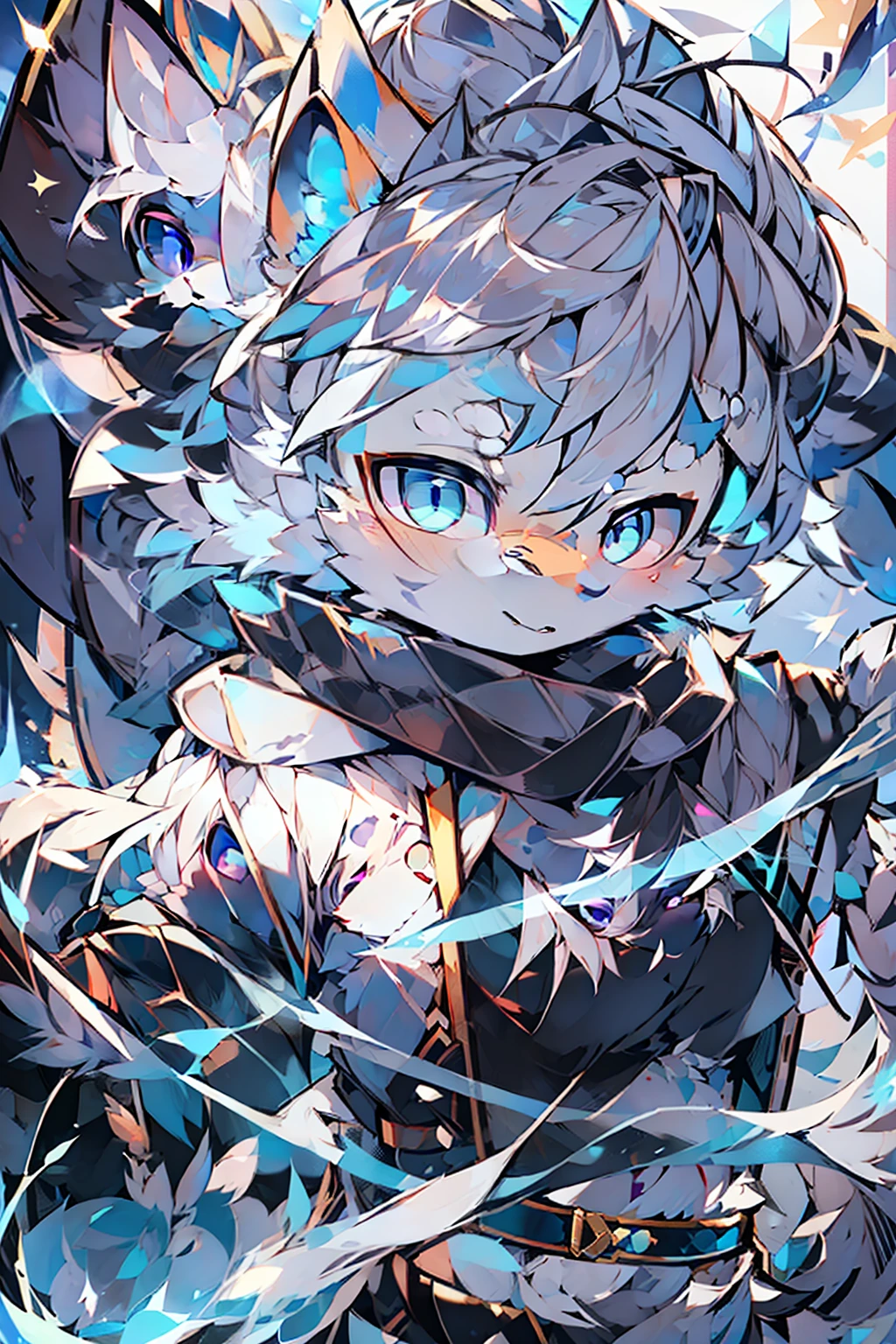 upper body, 1girl, white hair, ponytail, purple eyes, (ninja), short sword, medium breats ,scarf, wallpaper, magic circle background, light particles, blue fire,