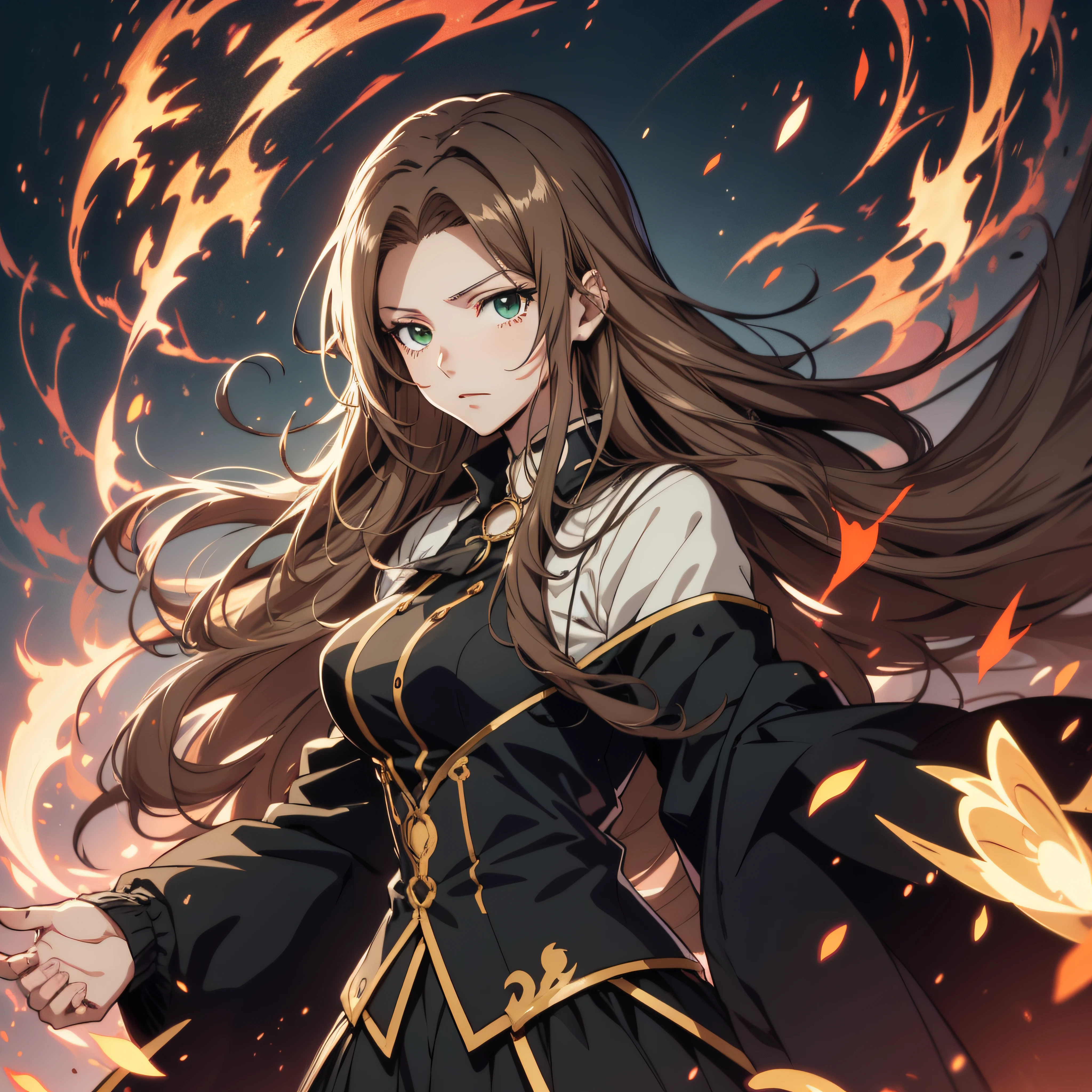 20 years old Anime girl, smooth anime artstyle, long raven hair, slightly wavy hair, parted bangs, brown hair, Magus, green eyes, long black coat, white shirt, black skirt, aristocrat, noble attire, beautiful, ethereal, elegant, prestigious, dark background, particle effect, fire flame, lightning, standing, half body