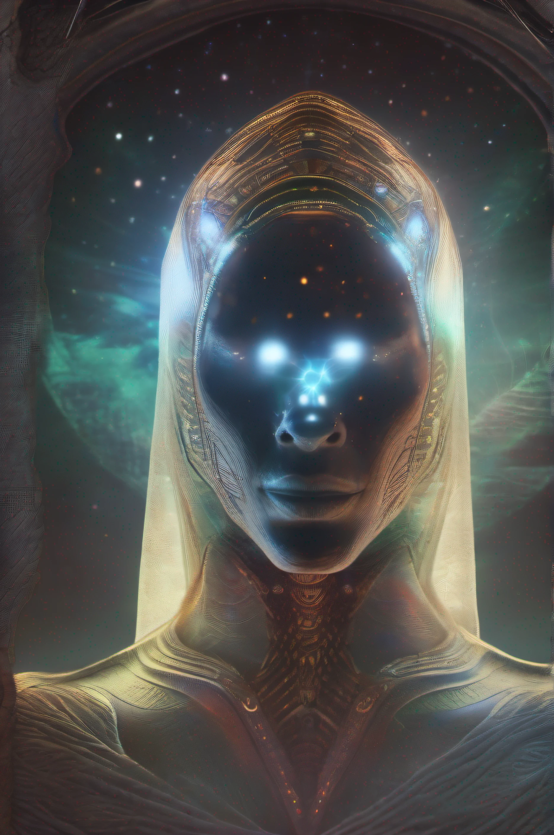 Ghostly portrait of a futuristic alien from another dimension creator of the universe with powerful ancient magic from an unknown dimension