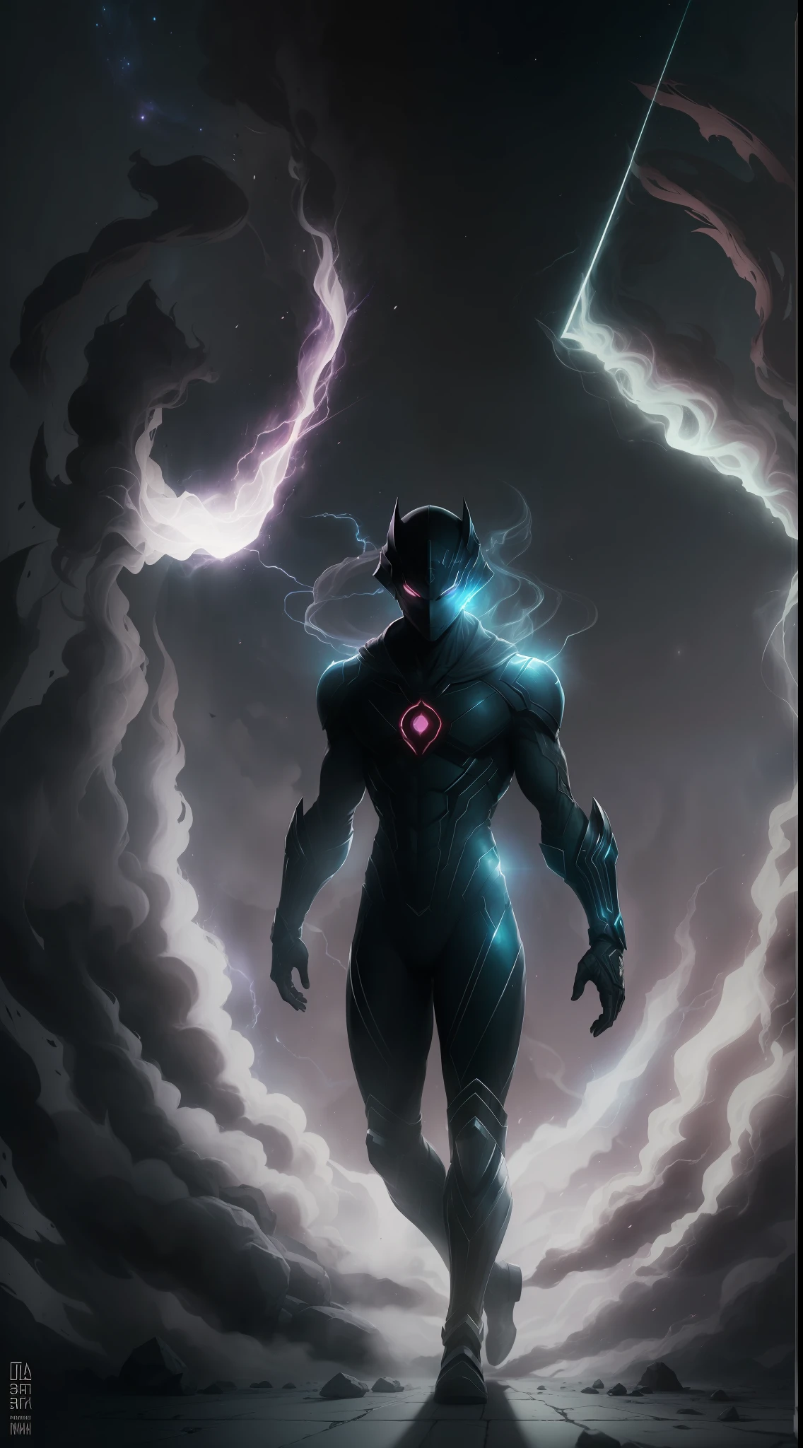 (Ultra resolution 8K), (impresionante obra maestra), Stunning superhero illustration "Shadow ether": With an enigmatic presence, Shadow Ether possesses a pale, translucent skin that appears to be made of dark smoke. atletic body,Her hair flows in gloomy strands and her eyes shine with an ethereal glow..... Viste un traje ajustado en tonos oscuros que se funden con las sombras, cuerpo musculoso con detalles sutiles que recuerdan a constelaciones. Su capa ondulante parece estar hecha de oscuridad misma, y puede estirarse para ocultarlo o envolverlo en sombras protectoras. Has the ability to merge with shadows and move through them, Volverse virtualmente invisible. Your hands can project bursts of dark energy, And his suit is designed to channel and amplify his connection to the shadow realm...... (Hetera lighting), Spectral illumination), (dark ilumination)