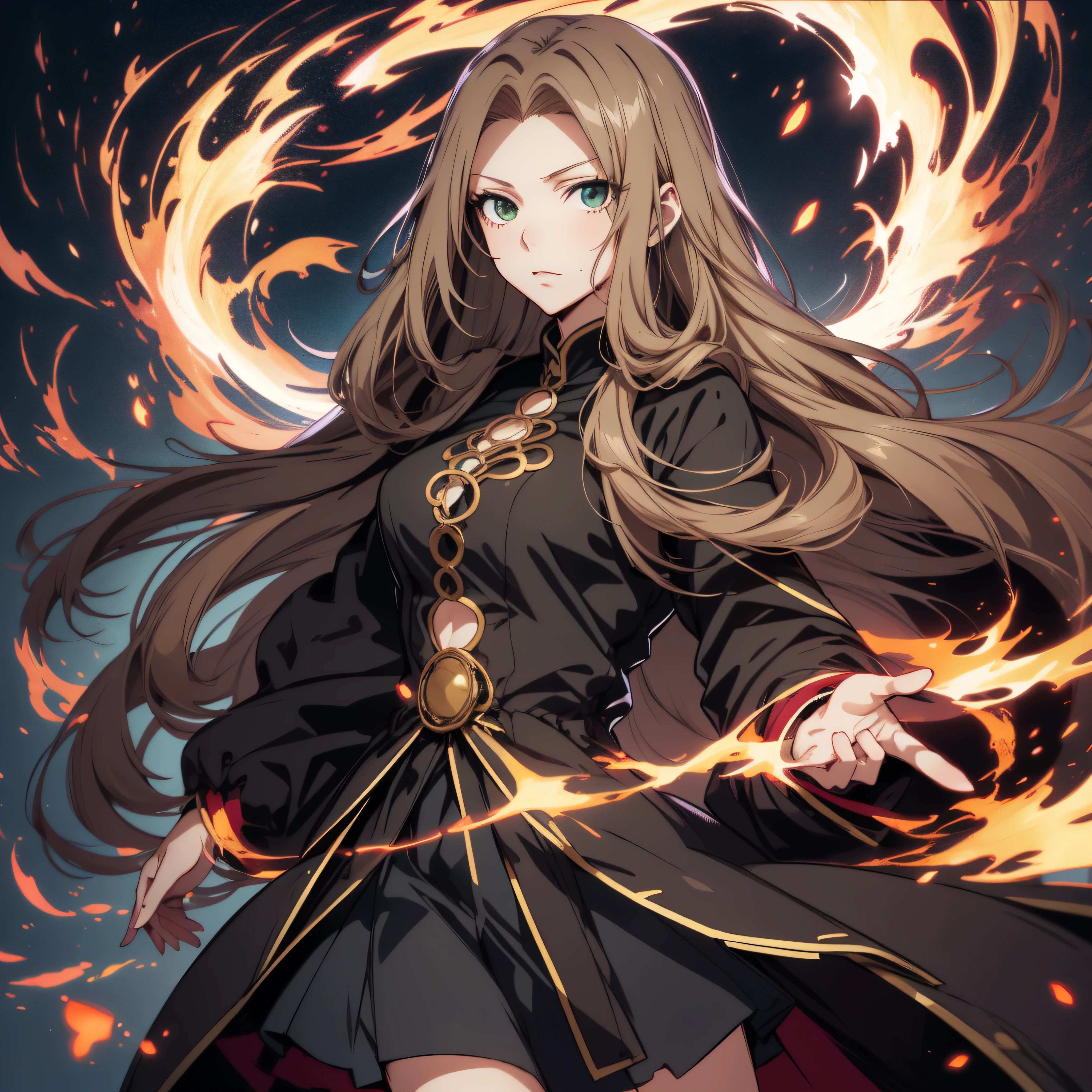 20 years old Anime girl, smooth anime artstyle, long raven hair, slightly wavy hair, parted bangs, brown hair, Magus, green eyes, long black coat, white shirt, black skirt, aristocrat, noble attire, beautiful, ethereal, elegant, prestigious, dark background, particle effect, fire flame, lightning, standing, half body