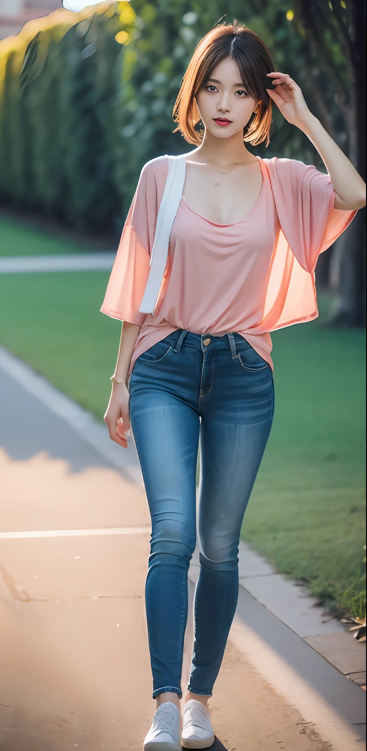 1 beautiful woman taking pictures on the grass of the villa，RAW photos，tmasterpiece，（highdetailskin：1.2），8k ultra high definition，digital SLR camera，gentlesoftlighting，high high quality，filmgrain，富士XT3，20 years old Asian woman，Wear simple clothes，T-shirt and skinny jeans，Detailed clothing details:1.3，perfect body figure，Perfect breasts and nipple bulge，The legs are straight and slender，Branded stylish shoes:0.6，Super detailed facial details and skin，Fair pink face and skin，The skin is pink，with light glowing，二重まぶた，Super detailed eyes，(Gloss on lips, eyeslashes, Glossy face, Best quality, Super high resolution, warm color，Wide lighting, naturalshadow), Sexy, Full body shooting: 1.8