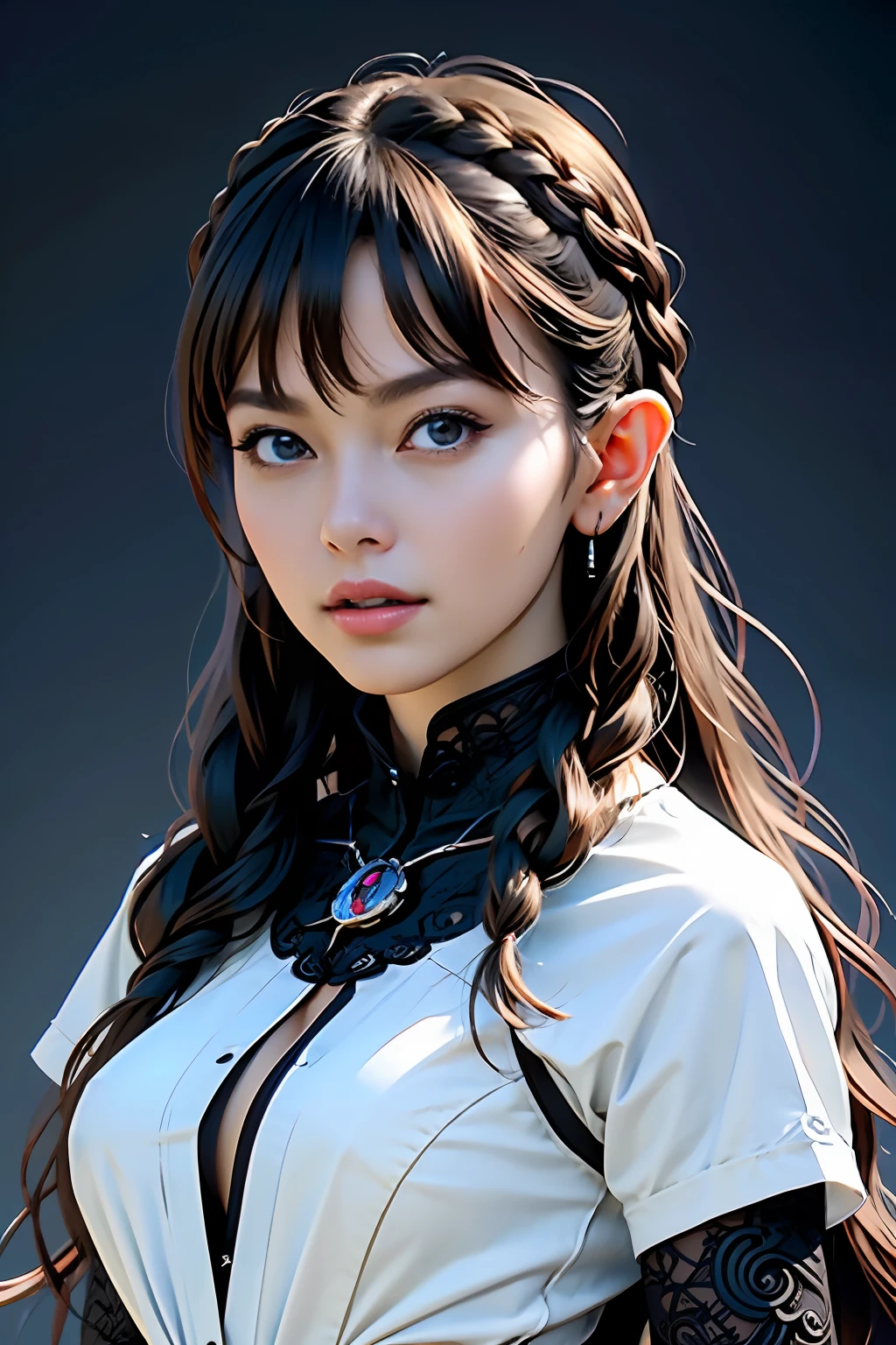 Ultra-detailed complex 3D rendering of face, (Colossal: 8.8), (masterpiece, top quality, octane rendering, 8K), glamour shot full body image, very beautiful young elf, cleavage, (very detailed skin: 1.2), (exposure: 1.1), brown-haired, ((wearing a plummeted open shirt of white silk: 1.10)), beautiful Caucasian woman with black skin with full soft breasts with big buttocks, Single, long braided hair, big breasts, dynamic angle, mystical expression, ultra-realistic photo, (((portrait)))), bare feet, futuristic urban background, facial muscles, detailed and beautiful queen gold crown, in the style of Marvel Comics, ArtStation trends, clear focus, studio photography, intricate details, very detailed, detailed red eyes, very detailed, Sharp Focus, Digital Rendering, Professional, Abs, Dark Grey Background,