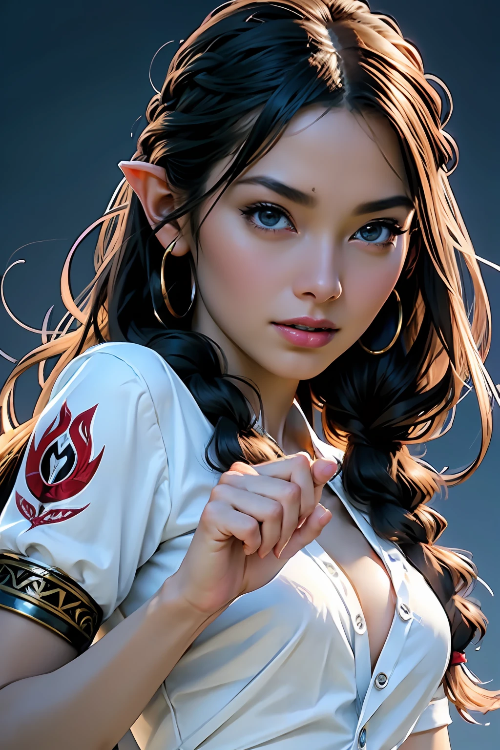 Ultra-detailed complex 3D rendering of face, (Colossal: 8.8), (masterpiece, top quality, octane rendering, 8K), glamour shot full body image, very beautiful young elf, cleavage, (very detailed skin: 1.2), (exposure: 1.1), brown-haired, ((wearing a plummeted open shirt of white silk: 1.10)), beautiful Caucasian woman with black skin with full soft breasts with big buttocks, Single, long braided hair, big breasts, dynamic angle, mystical expression, ultra-realistic photo, (((portrait)))), bare feet, futuristic urban background, facial muscles, detailed and beautiful queen gold crown, in the style of Marvel Comics, ArtStation trends, clear focus, studio photography, intricate details, very detailed, detailed red eyes, very detailed, Sharp Focus, Digital Rendering, Professional, Abs, Dark Grey Background,