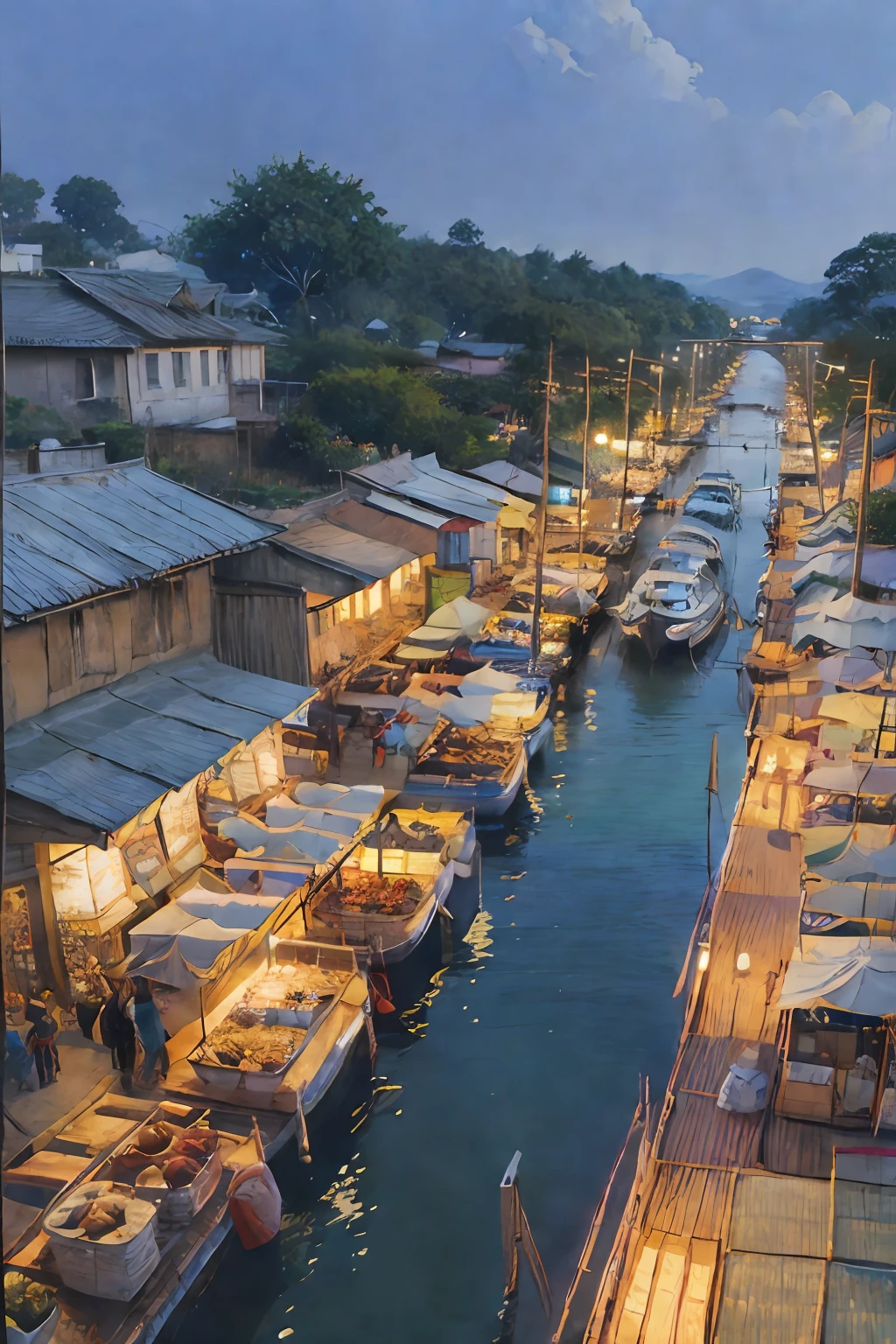 1girl(KristinKreuk) Post-Impressionism, anime key visual, landscape of a stupid and biophilic fish market Tanzanian Bridge, at Twilight, Boceto, luz del cabello, obra de arte de hogar, kinematics, motor irreal.