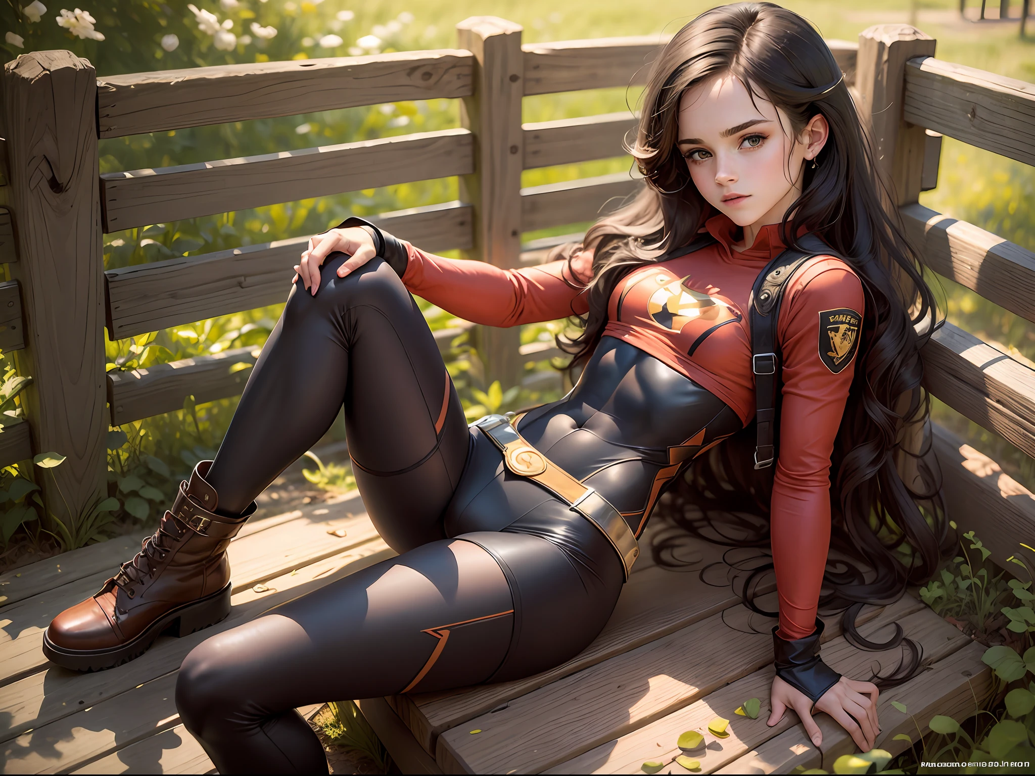 masterpiece.  emma watson dressed as Robin the boy wonder. long hair. Detailed tight costume, crop top. Defined body. Slender. Small breasts. sitting on a fence.