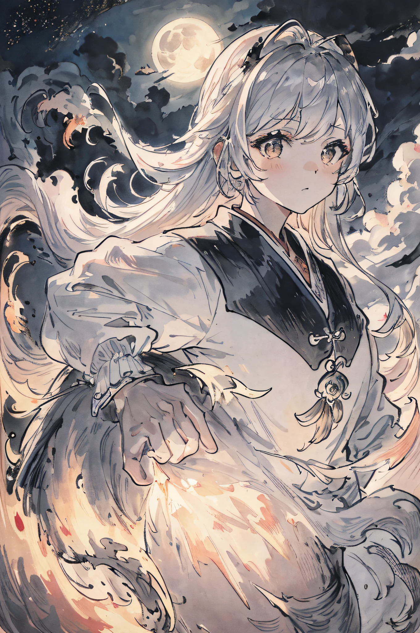 Masterpiece, Best quality, ultra - detailed,nighttime scene, clouds, full moon, 4K,1girll,独奏,delicated face,glowworm,long whitr hair