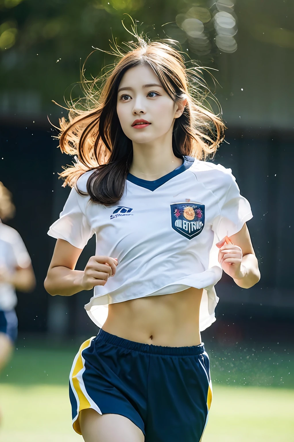 (((Sports, Short, Long, Running, Jogging, Marathon, Exercise, Athletics, Running, Running Posture, Running, Feeling of Galloping, Sweat, Sweat, Sweating Lots)))), ((Volley Uniform: 1.3, White, Red, Blue, Uniform: 1.3, Lower, Swaying, Hetero)), ((White, Red, Blue, Bloomers: 1.2, Low Rise)), (Athletics, Floating Hair NovaFrog Style, Floating Hair, Hair and Clothes That Flutter in the Wind, High School, Slender Abs: 1.2, Navel, Serious Look), (The shape of the pubic area is clearly visible)), Blushing, NSFW, 8k, RAW Photo: 1.2, (Best Quality: 1.4, Masterpiece: 1.4), Super Detail, Best Illustration, Ultra High Resolution, Portrait, Film Grain, 1girl, POV, Depth of Field, Photorealistic: 1.4, detailed hair, realistic hair, realistic lighting, realistic shadows, realistic clothing, realistic skin, natural skin texture, portrait: 0.6, light particles, lens flare, glowing particles: 0.6, bokeh: 1.2, clean: 1.8, professional lighting, photon mapping, radiosity, physically based rendering, incredibly absurd, Glossy skin, pale skin: 1.2, PureErosFace_v1: 0.7, fair skin: 1.1, round face: 1.5, mouth open, puffy eyes, purple eyes, double eyelids, egyosar: 1, floating hair, makeup, Japan girl, lovely thighs, shining thighs, shining legs