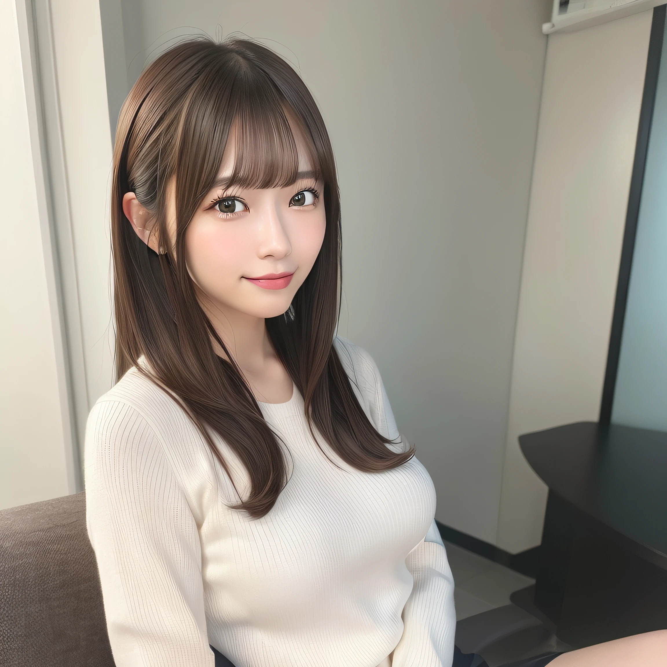 8k RAW photo,Best Quality, top-quality:1.1, ​masterpiece:1.3,超A high resolution, (Photorealistic:1.4), Raw photo, (upper thigh:1.5, From Side), natural skin textures:1.1, realistic eyes and face details:1.3, Full lips,(Background is blurry:1.4), (in a suite), 1日本人の女の子, Cute, (Solo:1.6), (Shy smile), (Dark brown eyes), Smooth skin, (Brown medium hair,Bangs), (touch hair:1.4),nogizaka,s Office,Business suits、full bodyesbian、Sit on the sofa