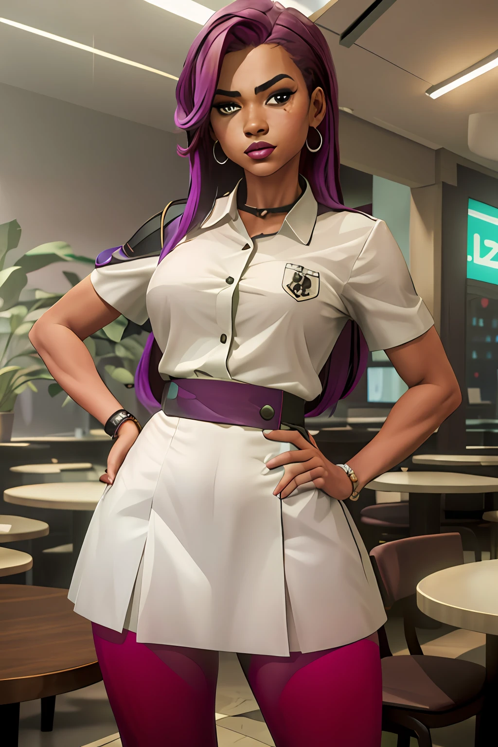 Girl dressed as a mall waitress, descolada, divertida, bonita, magra, inspirada na Zendaya, cabelo com mechas coloridas, wearing a colorful waitress outfit, personagem 2d, pele marrom