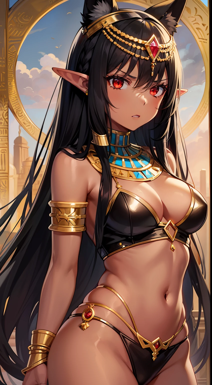 Young black girl, black skin, Long black hair, elf ears, red-eyes, Egyptian Princess, golden jewelery, anger, Masterpiece, hiquality